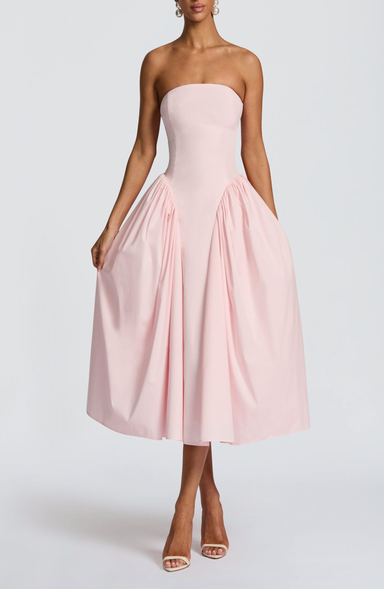 Darla Midi Dress Blush Strapless Corset Back Full Skirt Tulle Lined
