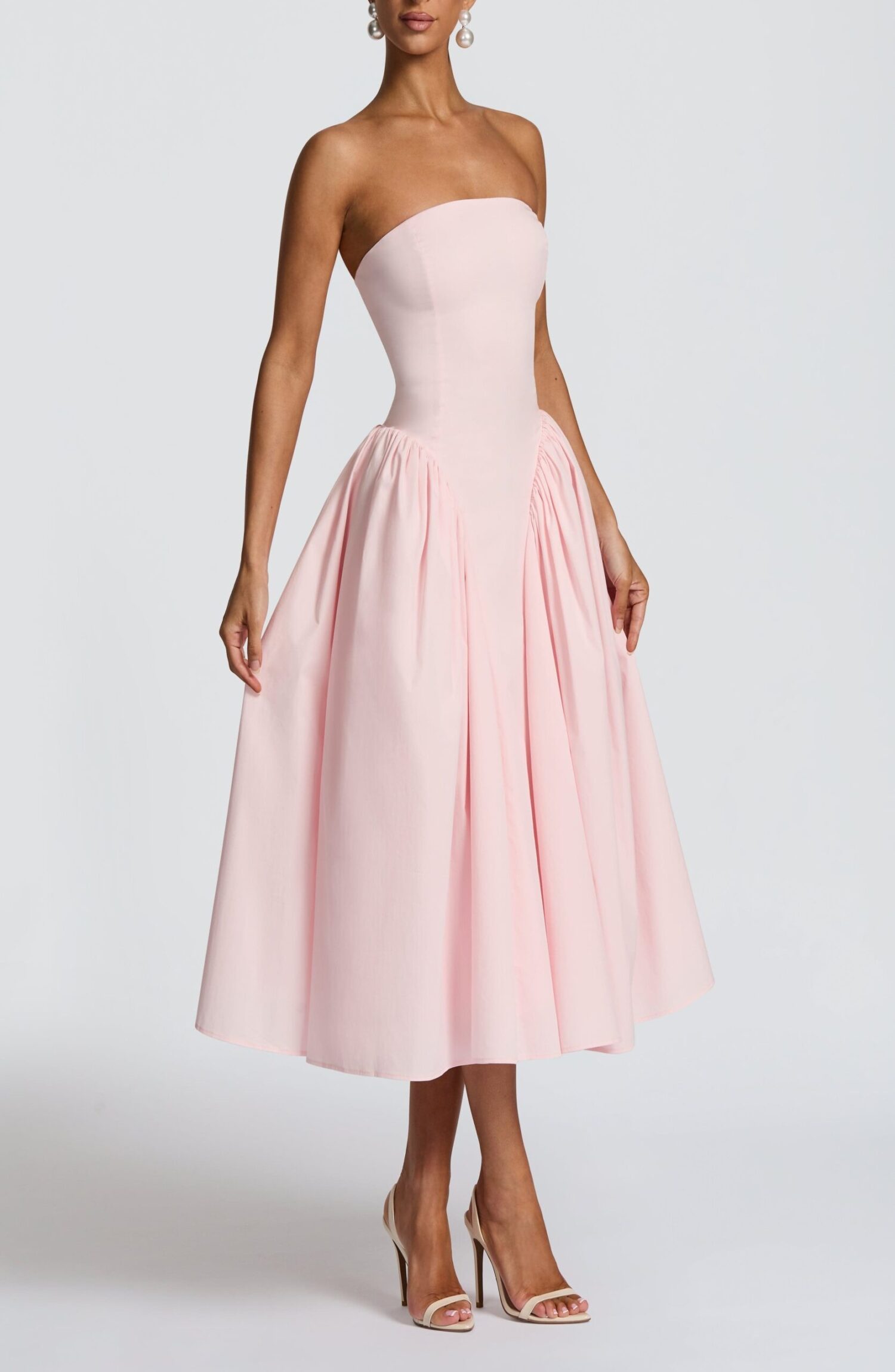 Darla Midi Dress Blush Strapless Corset Back Full Skirt Tulle Lined - Image 2