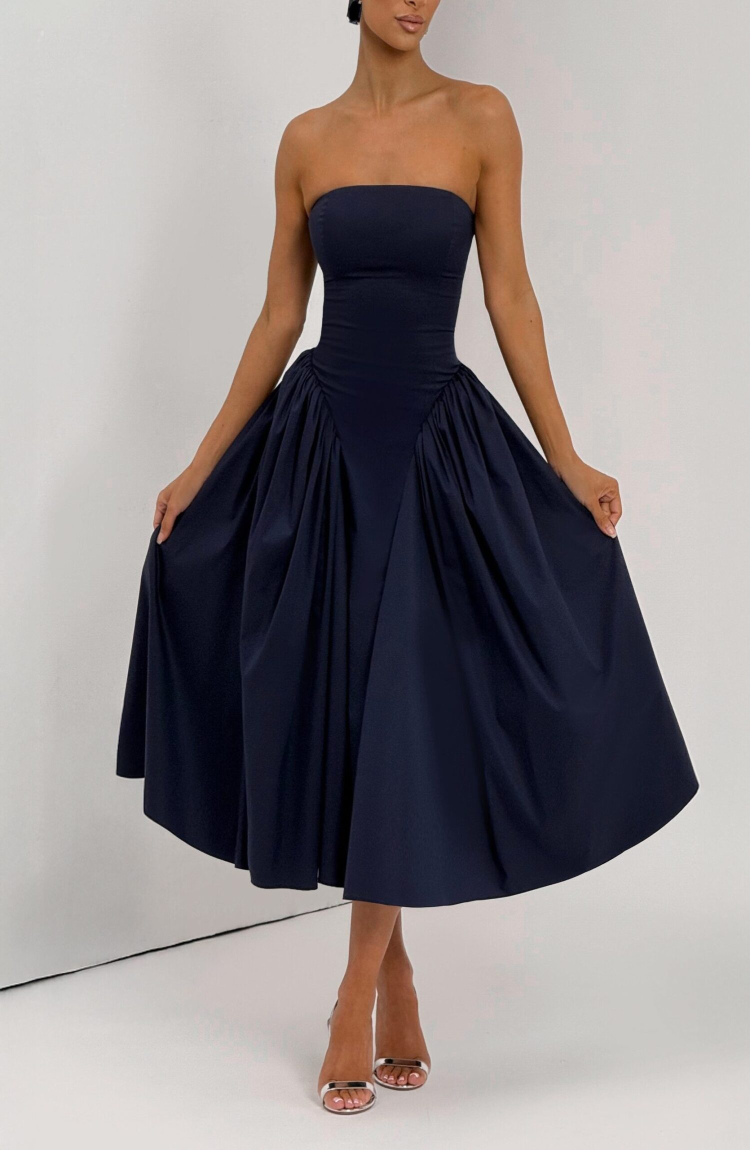 Darla Midi Dress Navy Strapless Corset Back Tulle Skirt - Image 6