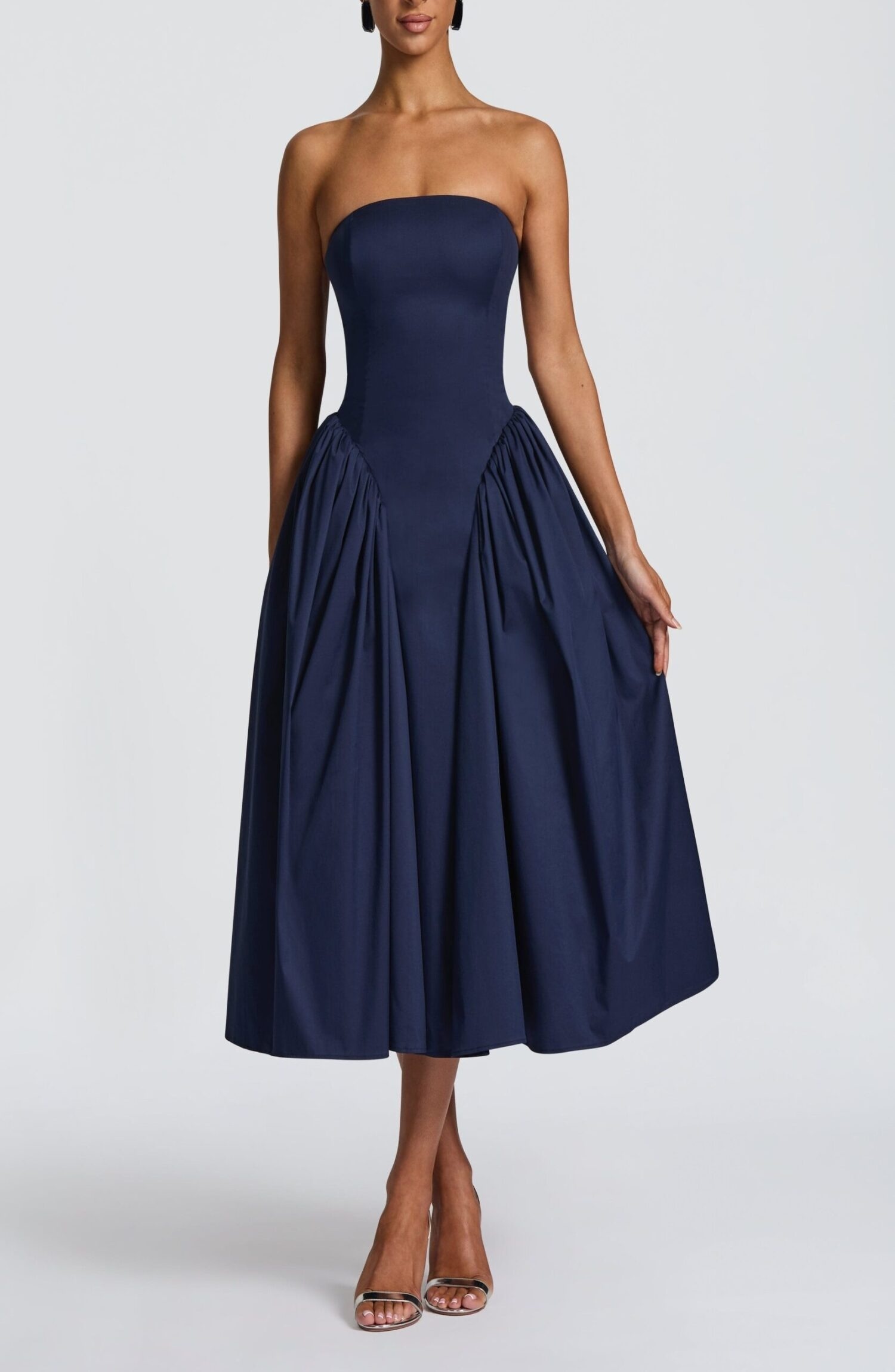 Darla Midi Dress Navy Strapless Corset Back Tulle Skirt
