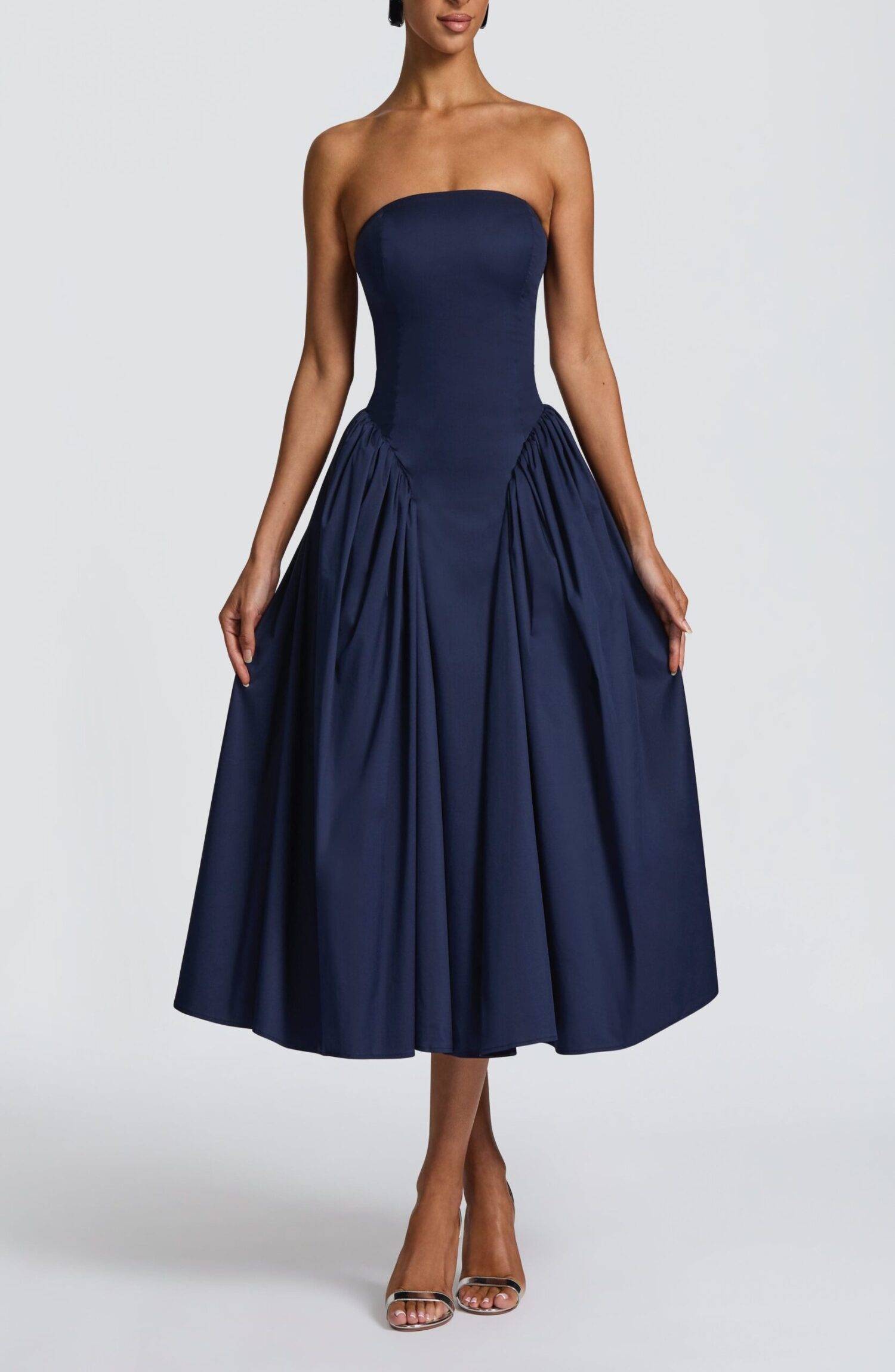 Darla Midi Dress Navy Strapless Corset Back Tulle Skirt - Image 5
