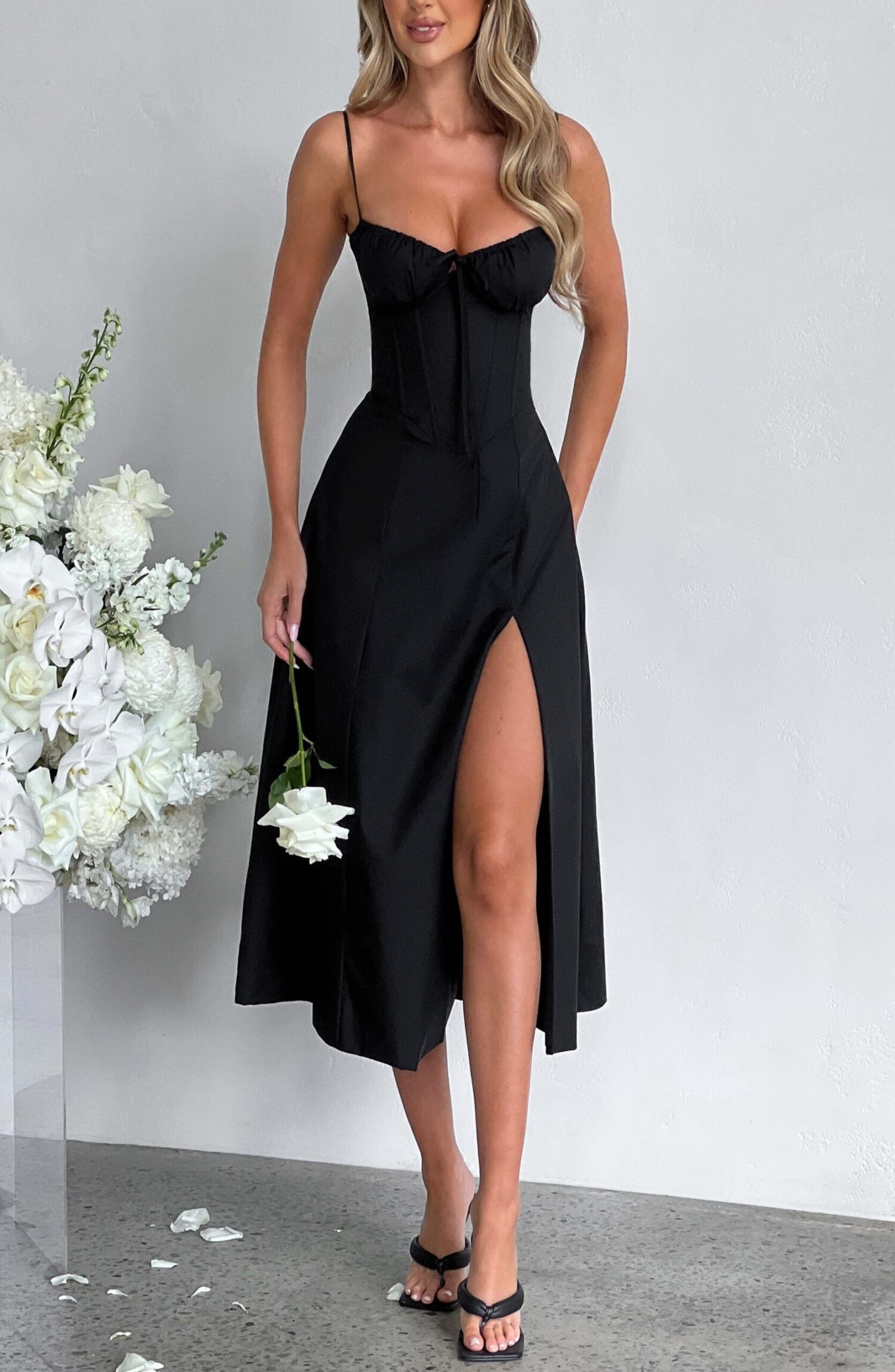 Deanna Black Midi Dress - Corseted Bodice, Thigh Split