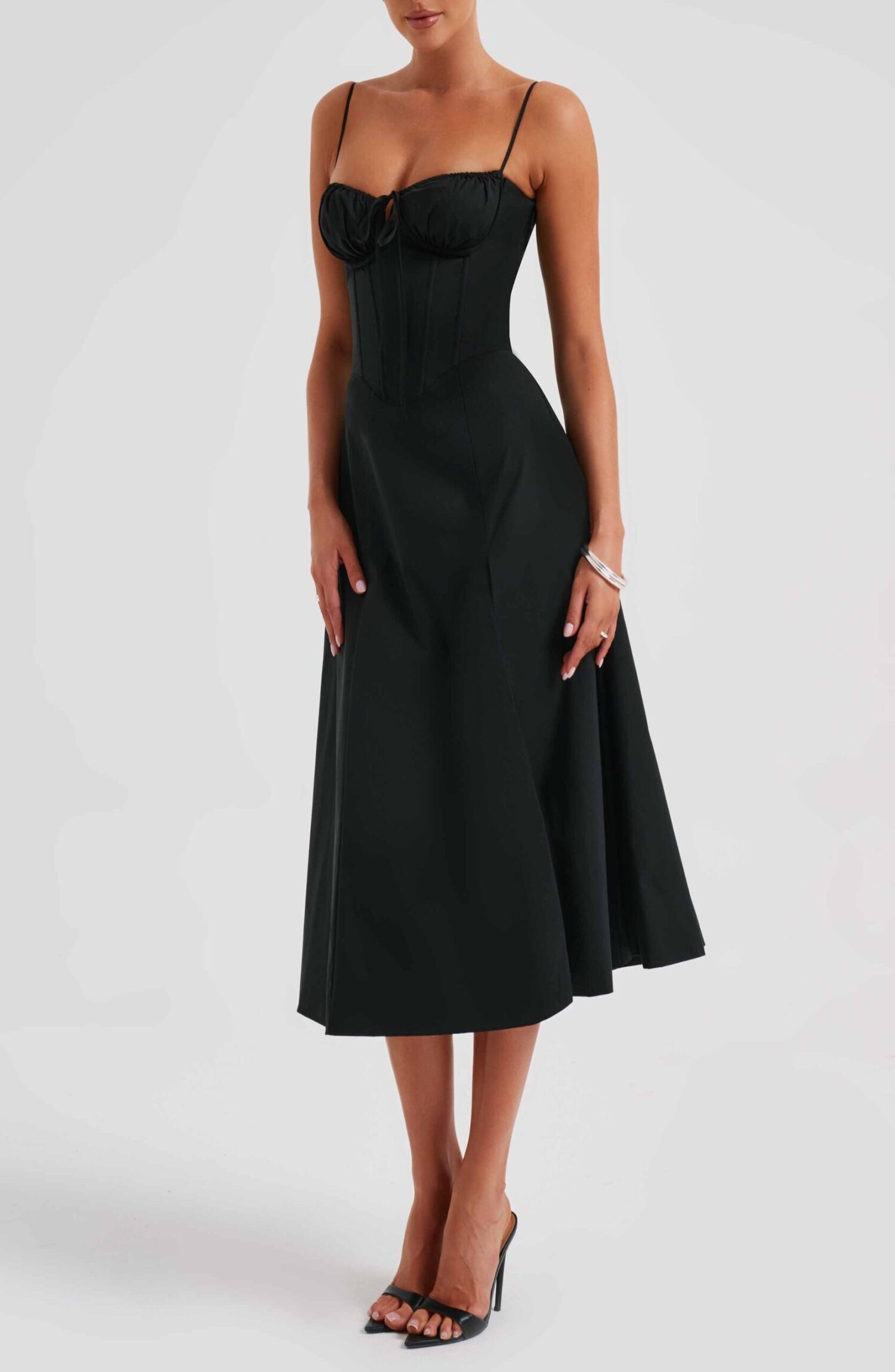 Deanna Black Midi Dress - Corseted Bodice, Thigh Split - Image 10