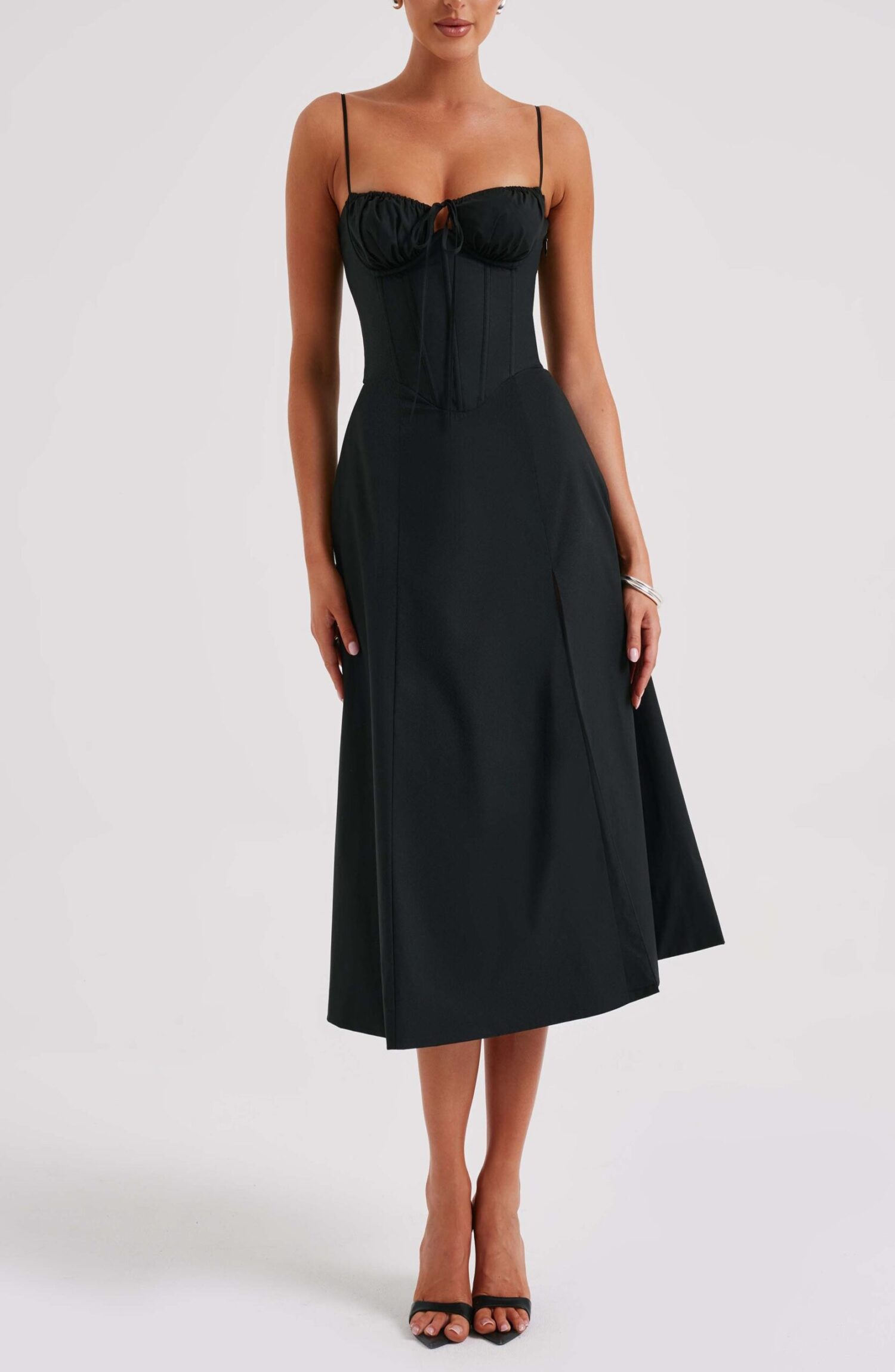 Deanna Black Midi Dress - Corseted Bodice, Thigh Split - Image 8