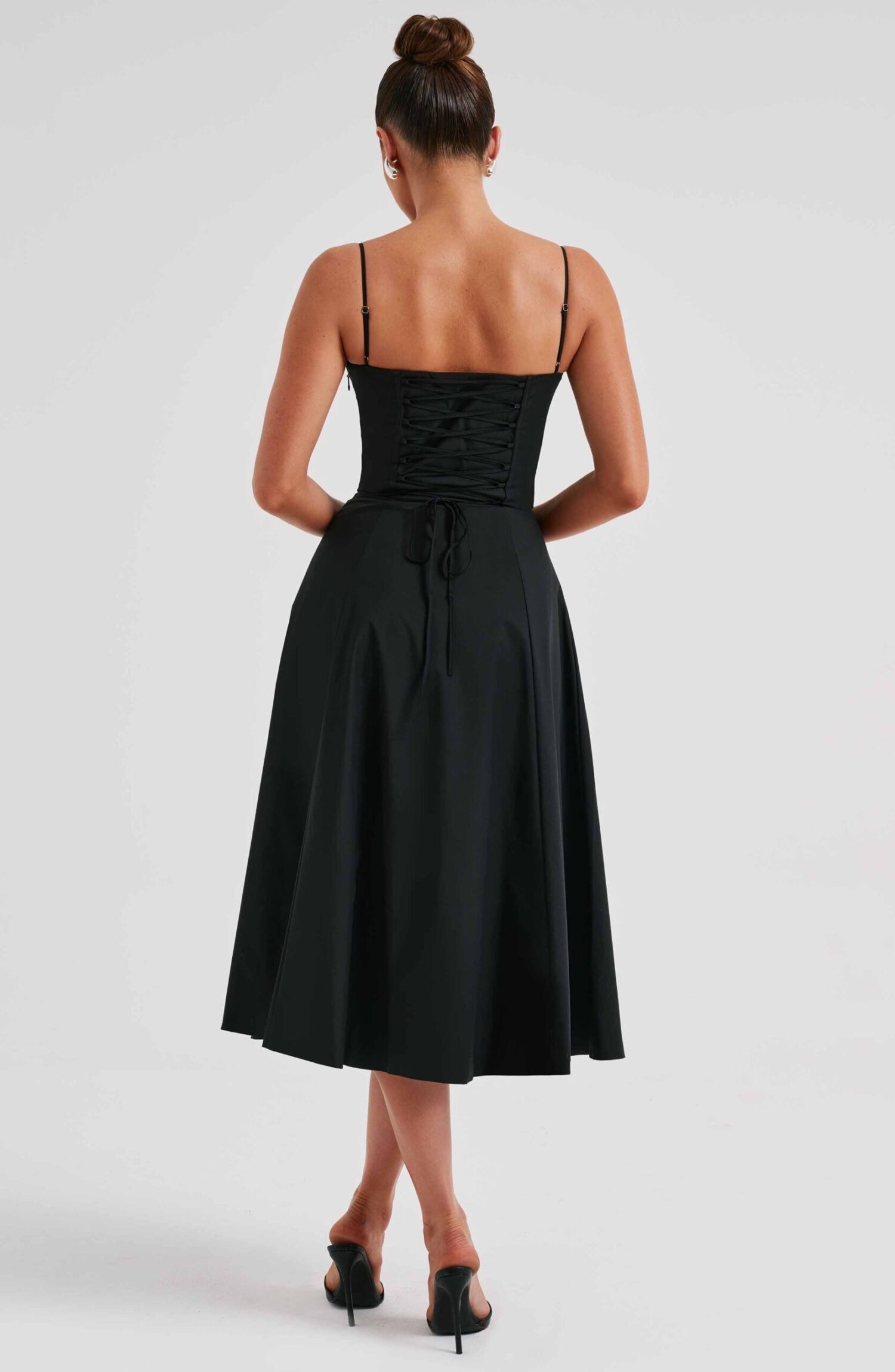 Deanna Black Midi Dress - Corseted Bodice, Thigh Split - Image 11