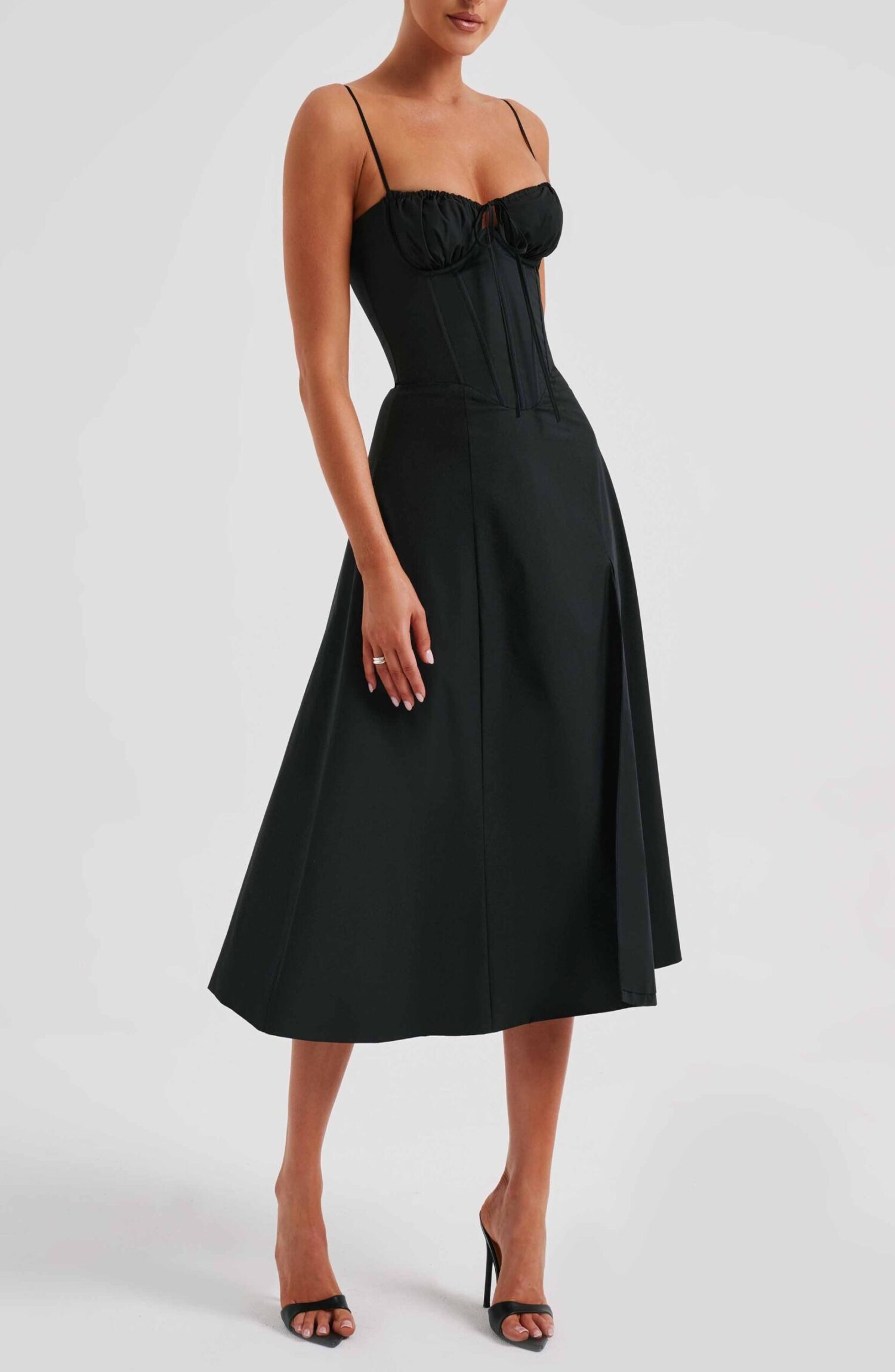 Deanna Black Midi Dress - Corseted Bodice, Thigh Split - Image 9