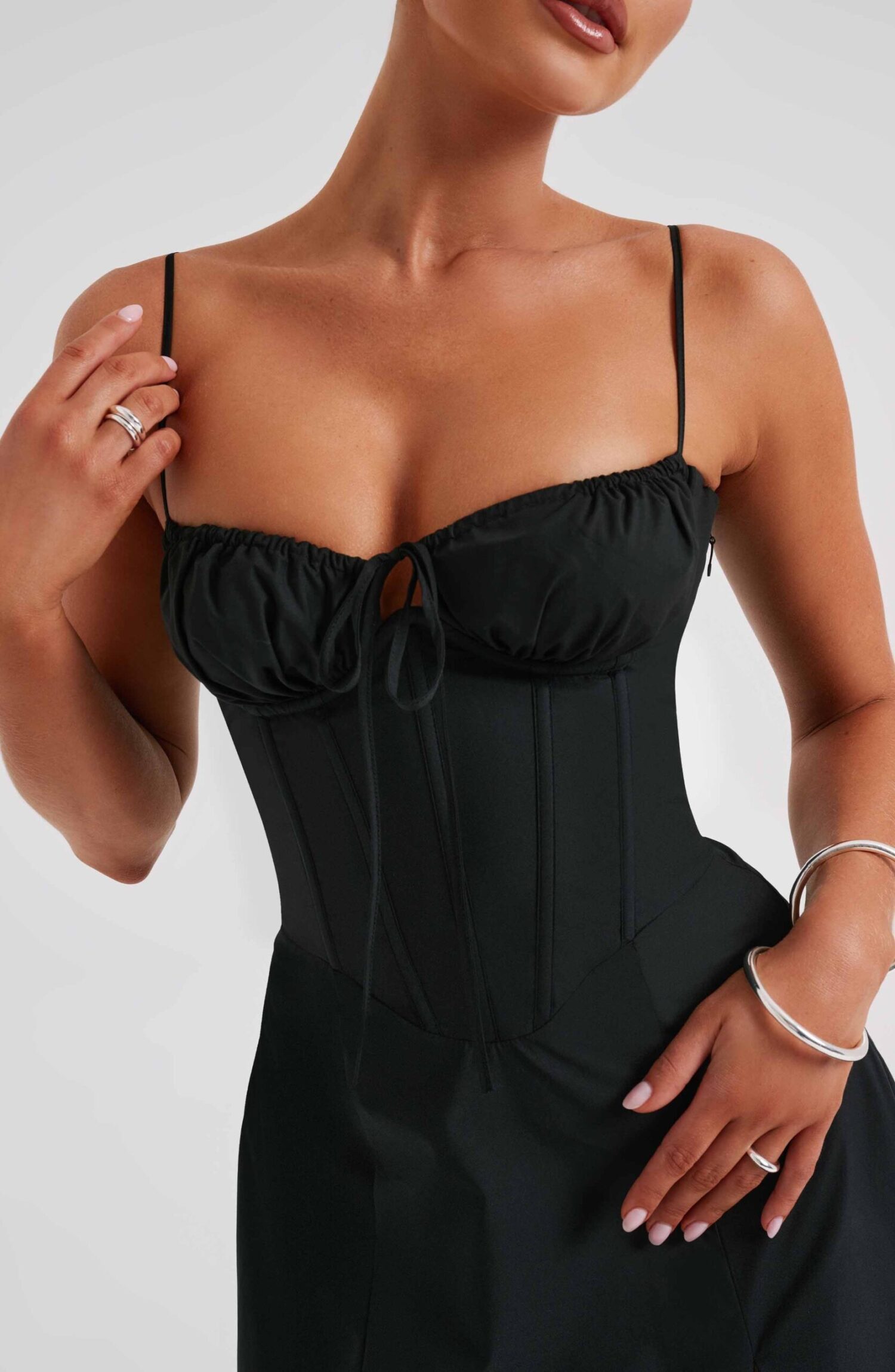 Deanna Black Midi Dress - Corseted Bodice, Thigh Split - Image 4