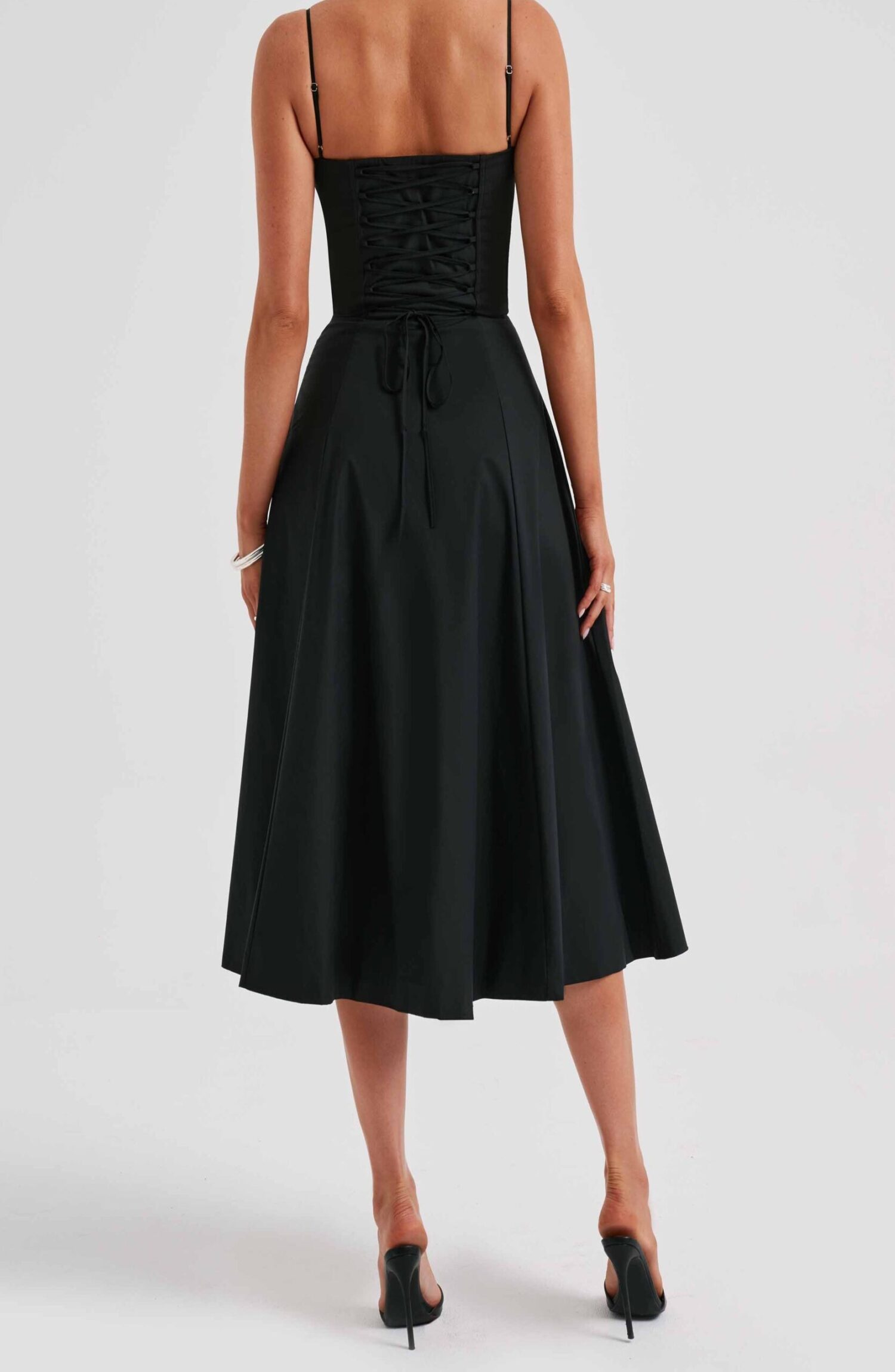 Deanna Black Midi Dress - Corseted Bodice, Thigh Split - Image 7