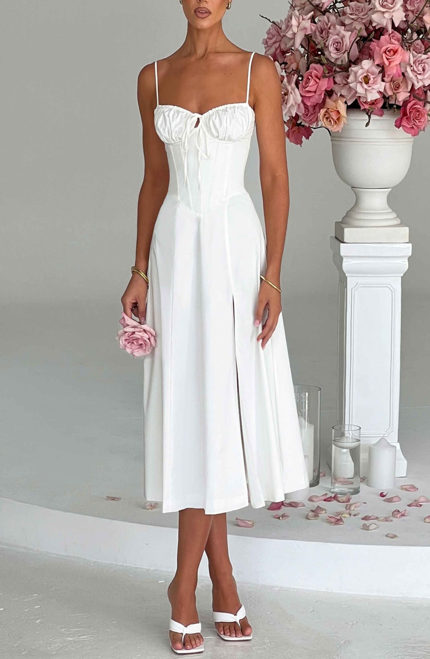 Deanna Ivory Corseted Midi Dress with Thigh Split - Image 4