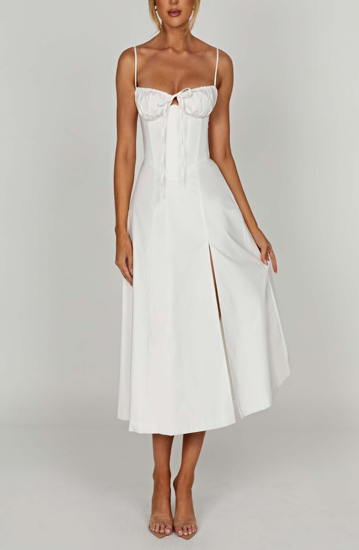 Deanna Ivory Corseted Midi Dress with Thigh Split - Image 9
