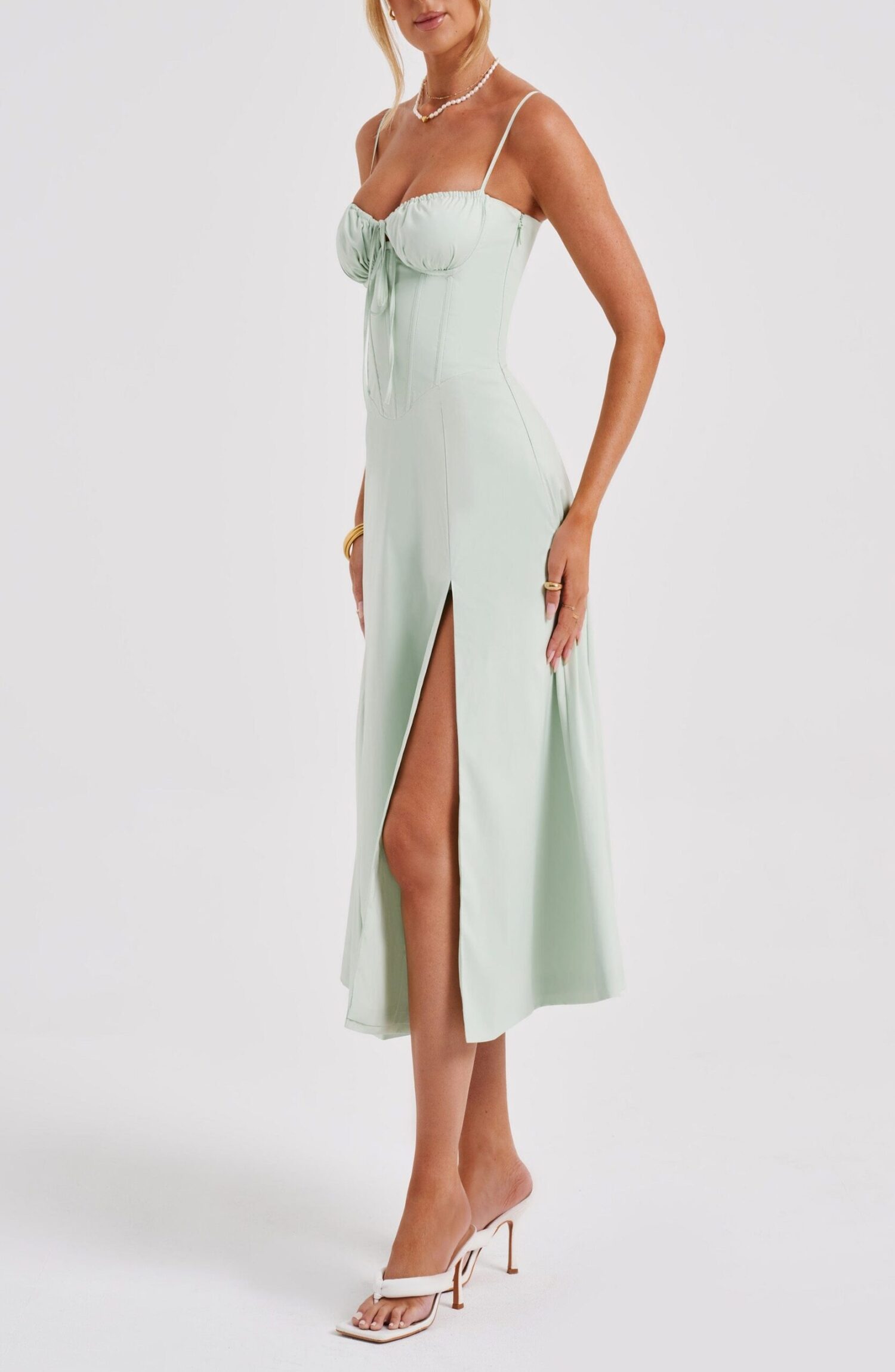 Deanna Midi Dress - Sage Green Corseted Cotton Blend with Thigh Split - Image 4