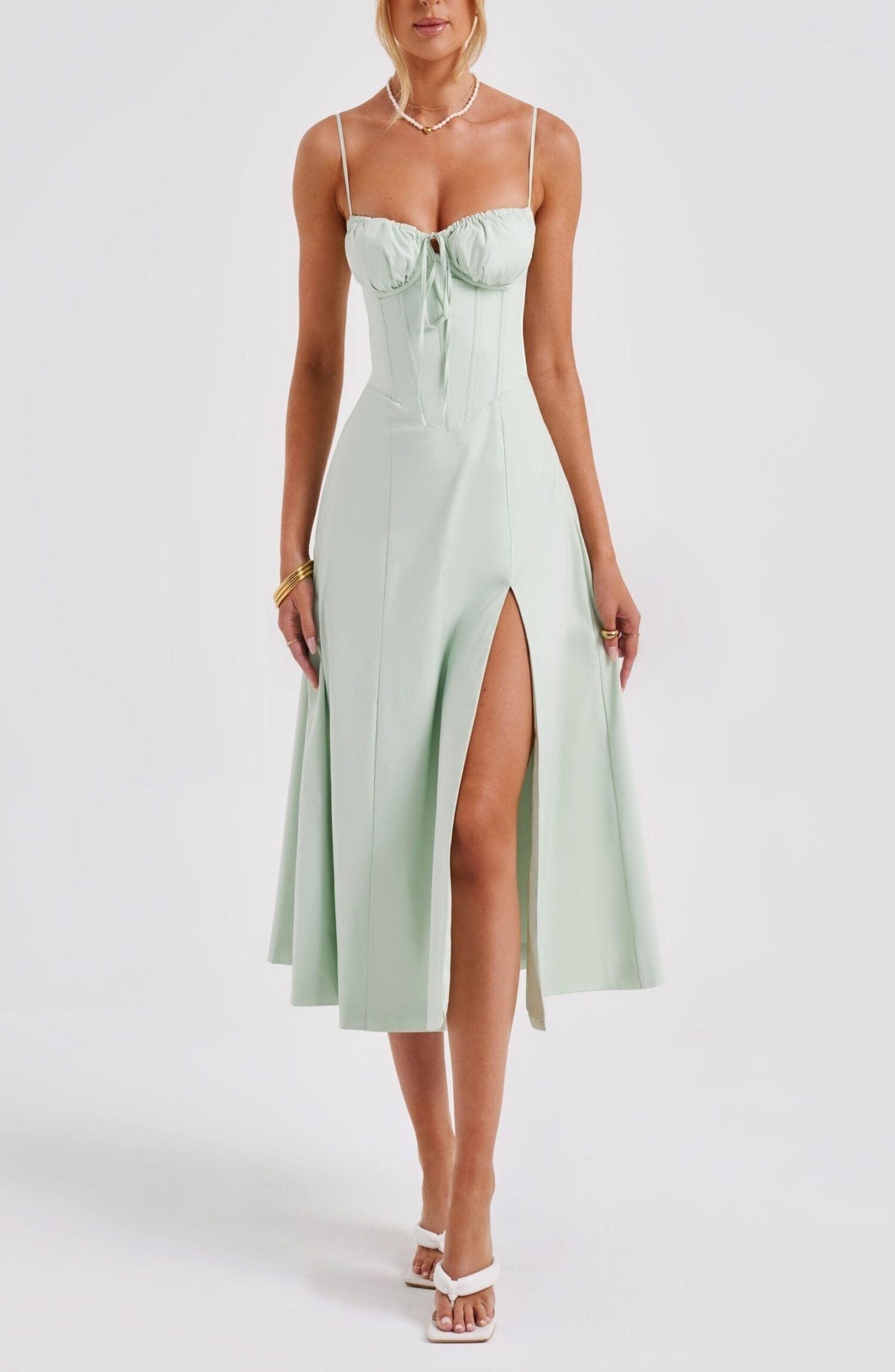 Deanna Midi Dress - Sage Green Corseted Cotton Blend with Thigh Split