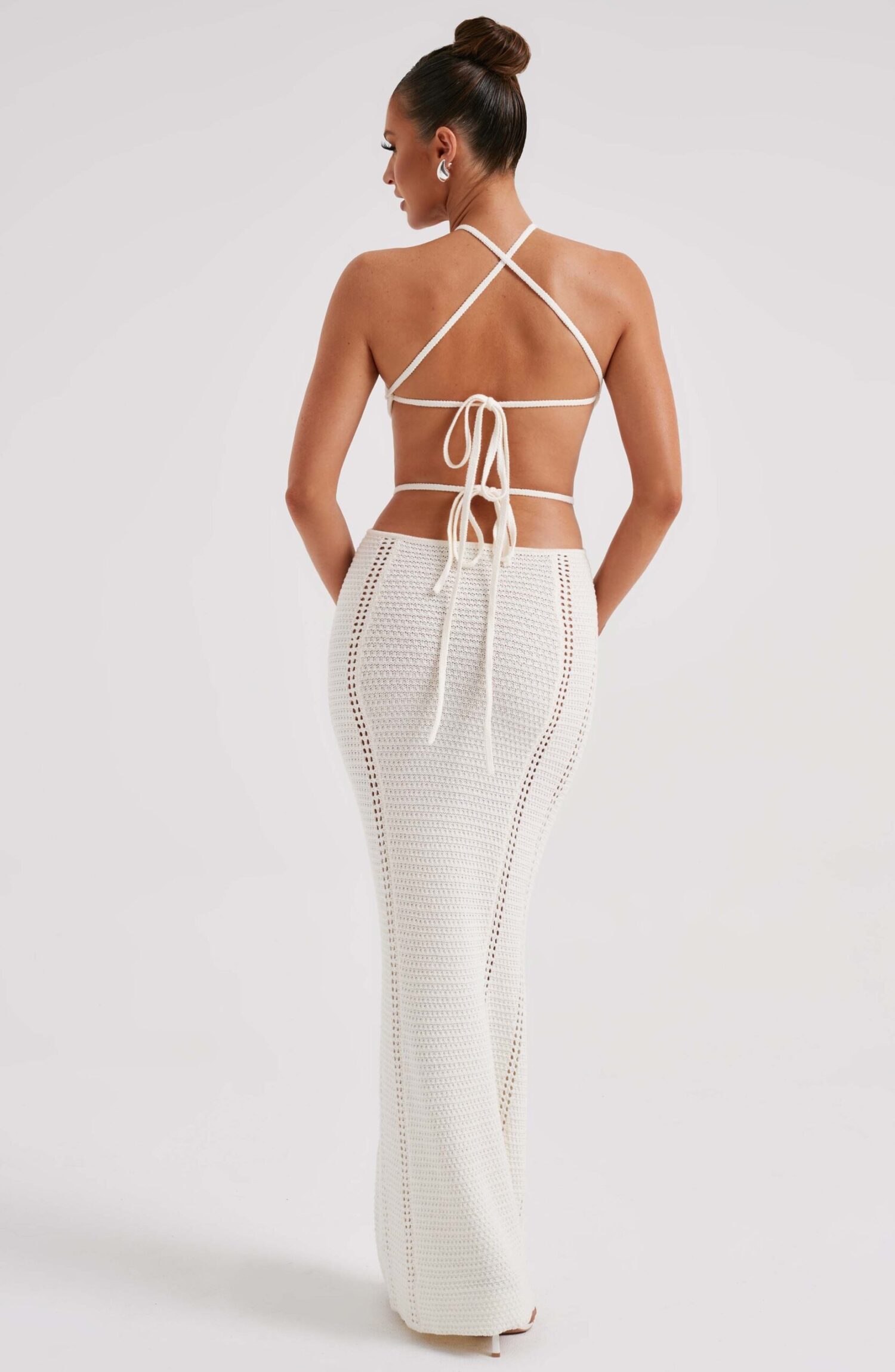 Delia White Crochet Knit Halterneck Cut Out Backless Maxi Dress - Image 2