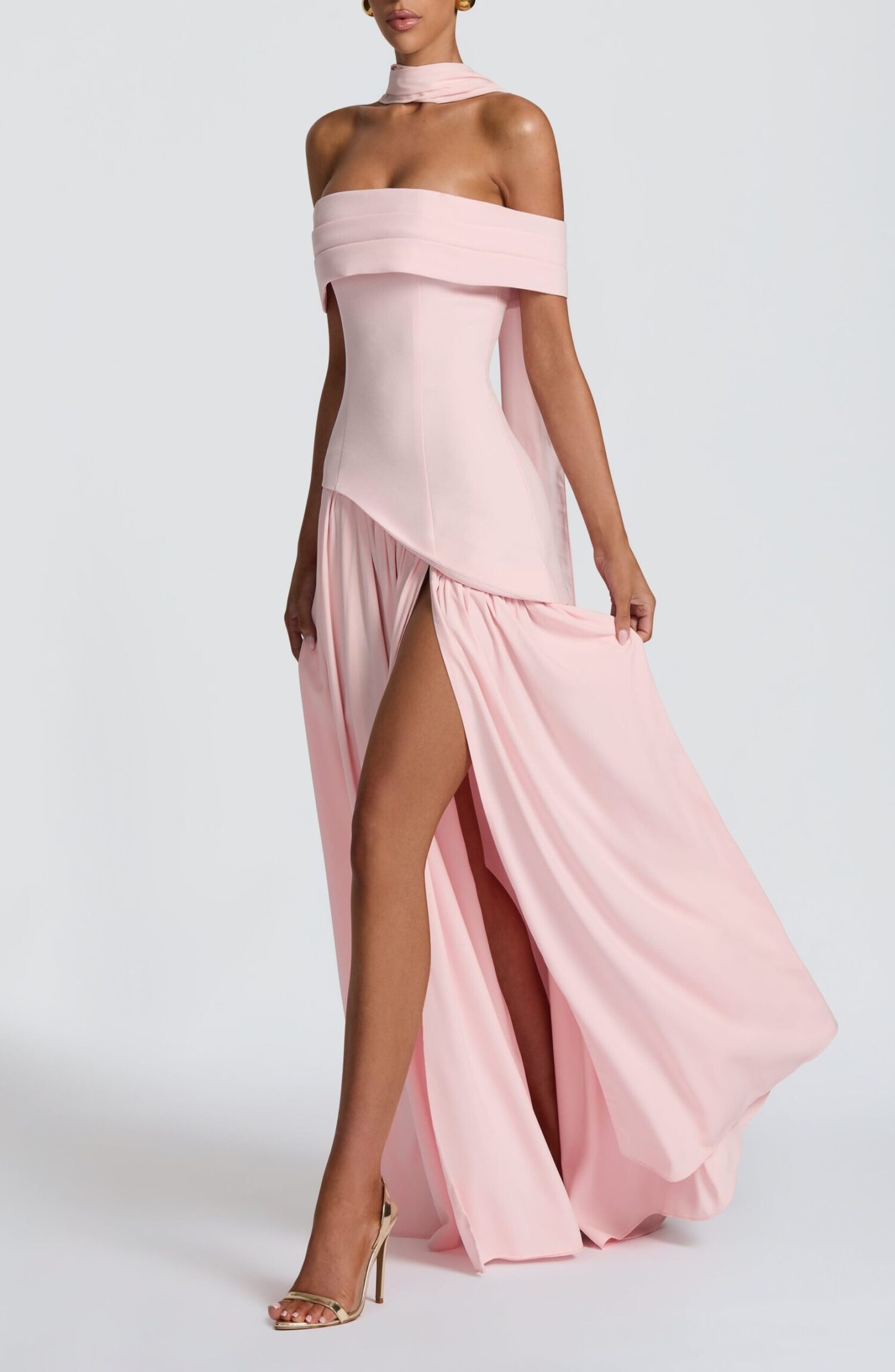 Delilah Blush Maxi Dress - Bardot Neck, Chiffon Skirt, Split - Image 2