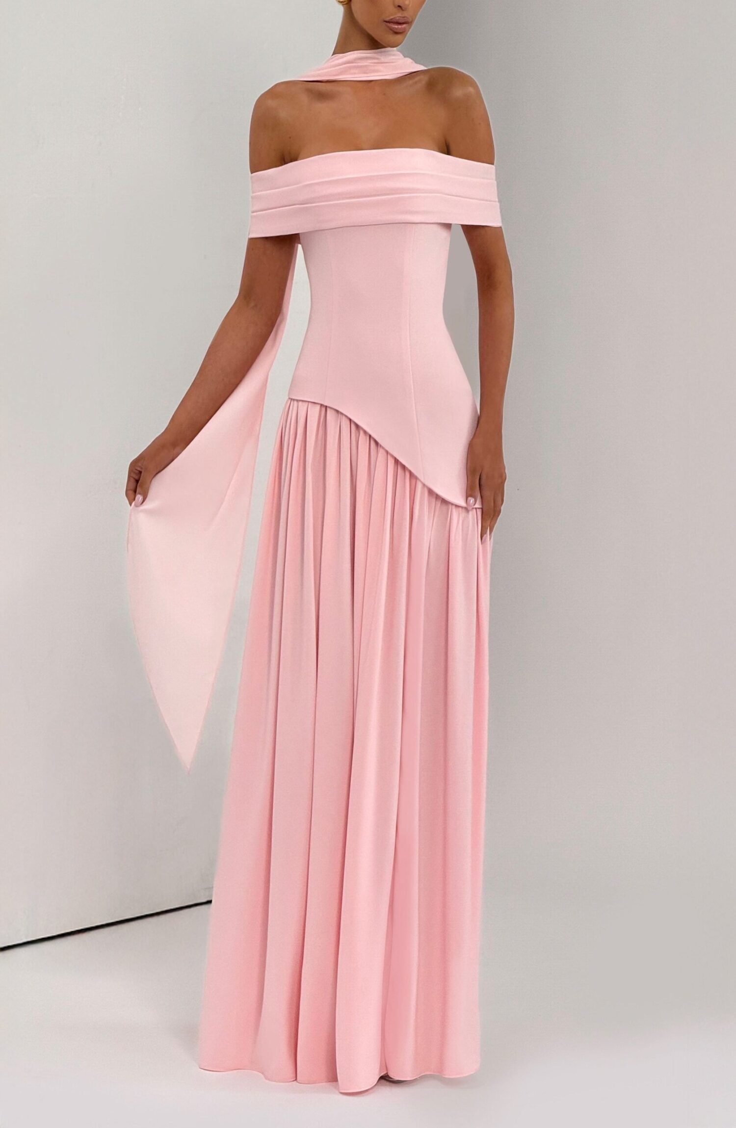 Delilah Blush Maxi Dress - Bardot Neck, Chiffon Skirt, Split - Image 7