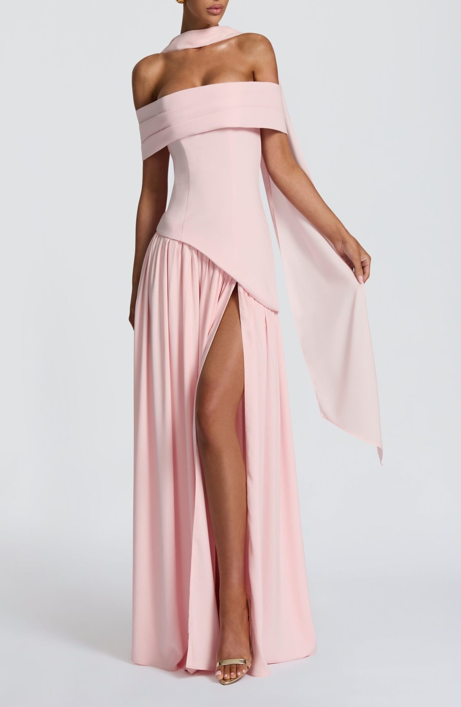 Delilah Blush Maxi Dress - Bardot Neck, Chiffon Skirt, Split