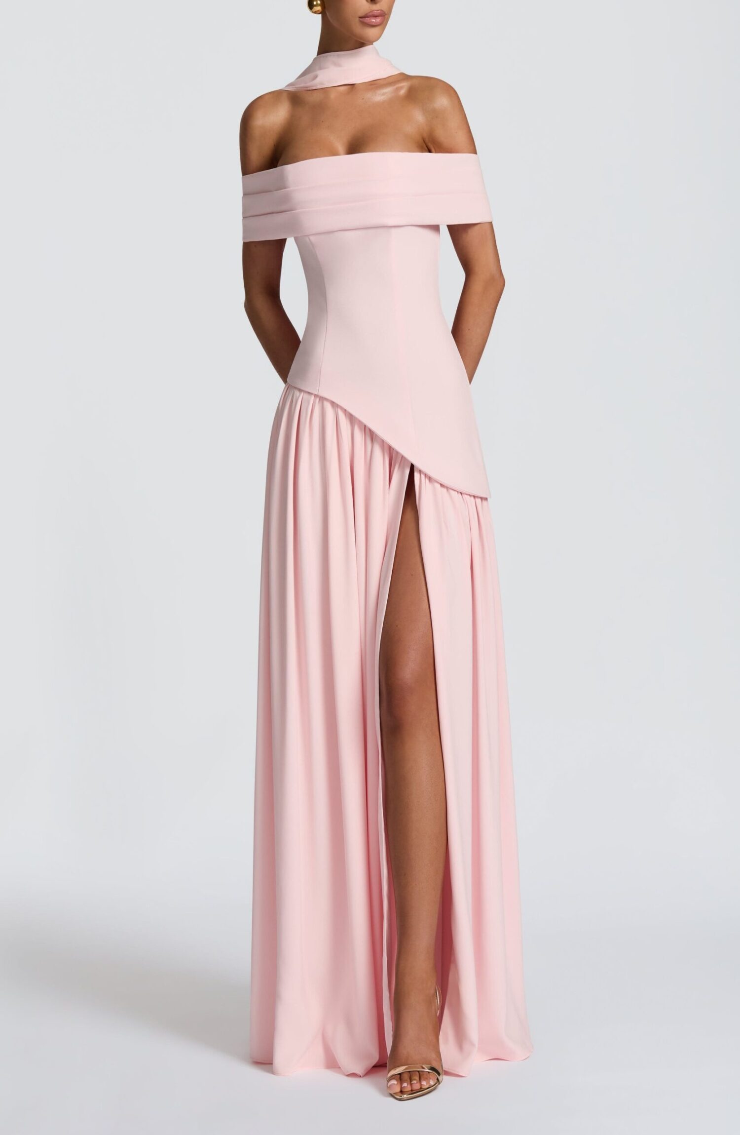 Delilah Blush Maxi Dress - Bardot Neck, Chiffon Skirt, Split - Image 8