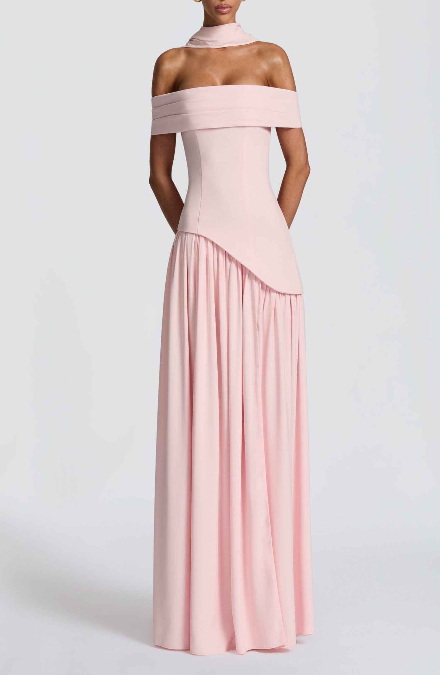 Delilah Blush Maxi Dress - Bardot Neck, Chiffon Skirt, Split - Image 4