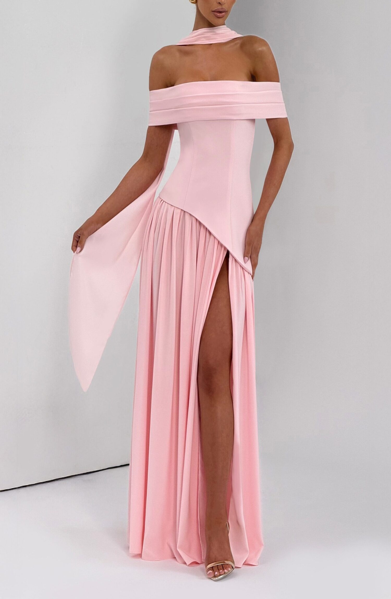 Delilah Blush Maxi Dress - Bardot Neck, Chiffon Skirt, Split - Image 6