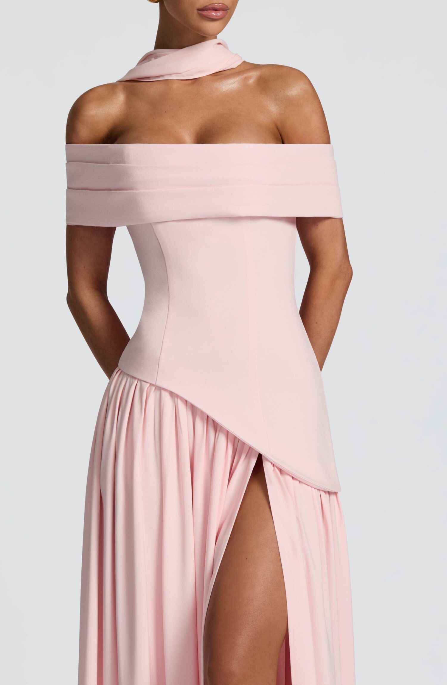 Delilah Blush Maxi Dress - Bardot Neck, Chiffon Skirt, Split - Image 5