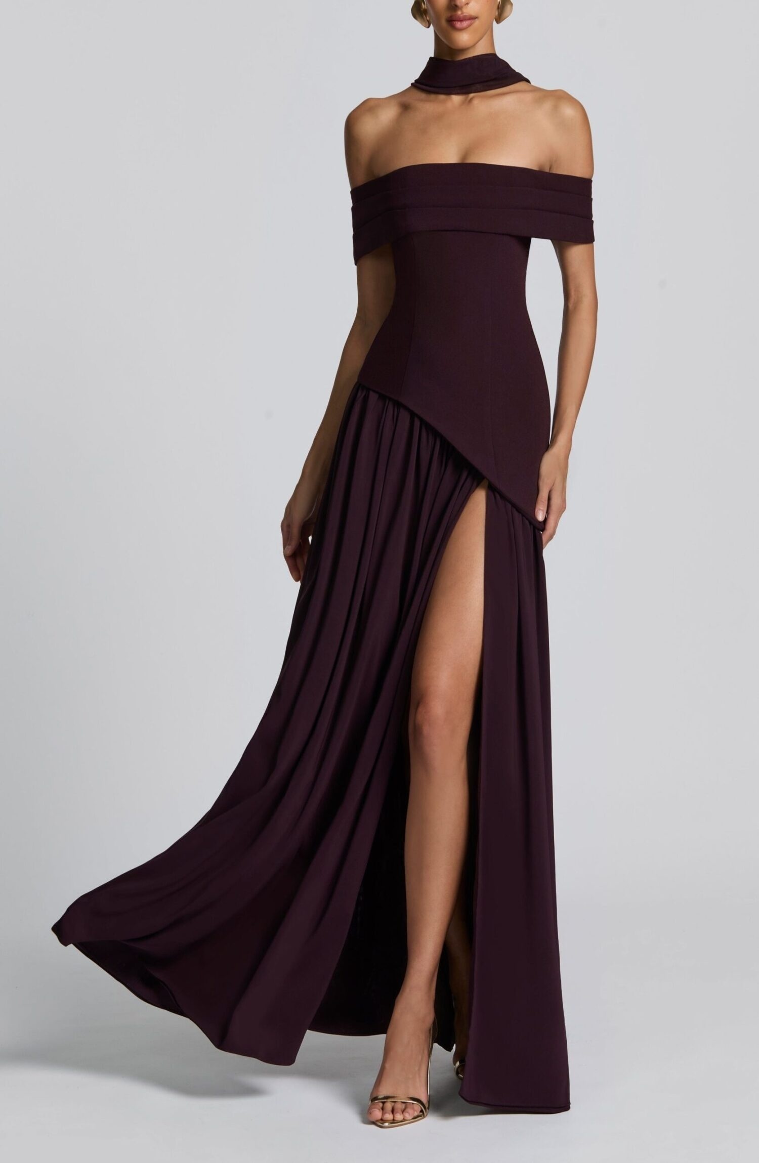 Delilah Maxi Dress Plum Bardot Neckline Chiffon Skirt Split - Image 3