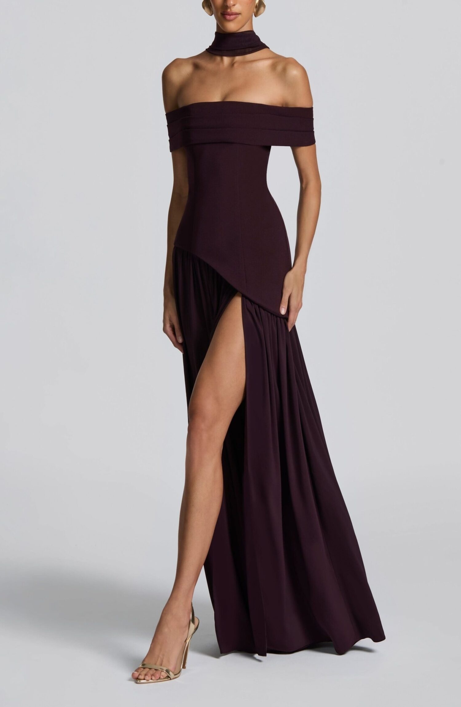 Delilah Maxi Dress Plum Bardot Neckline Chiffon Skirt Split - Image 2