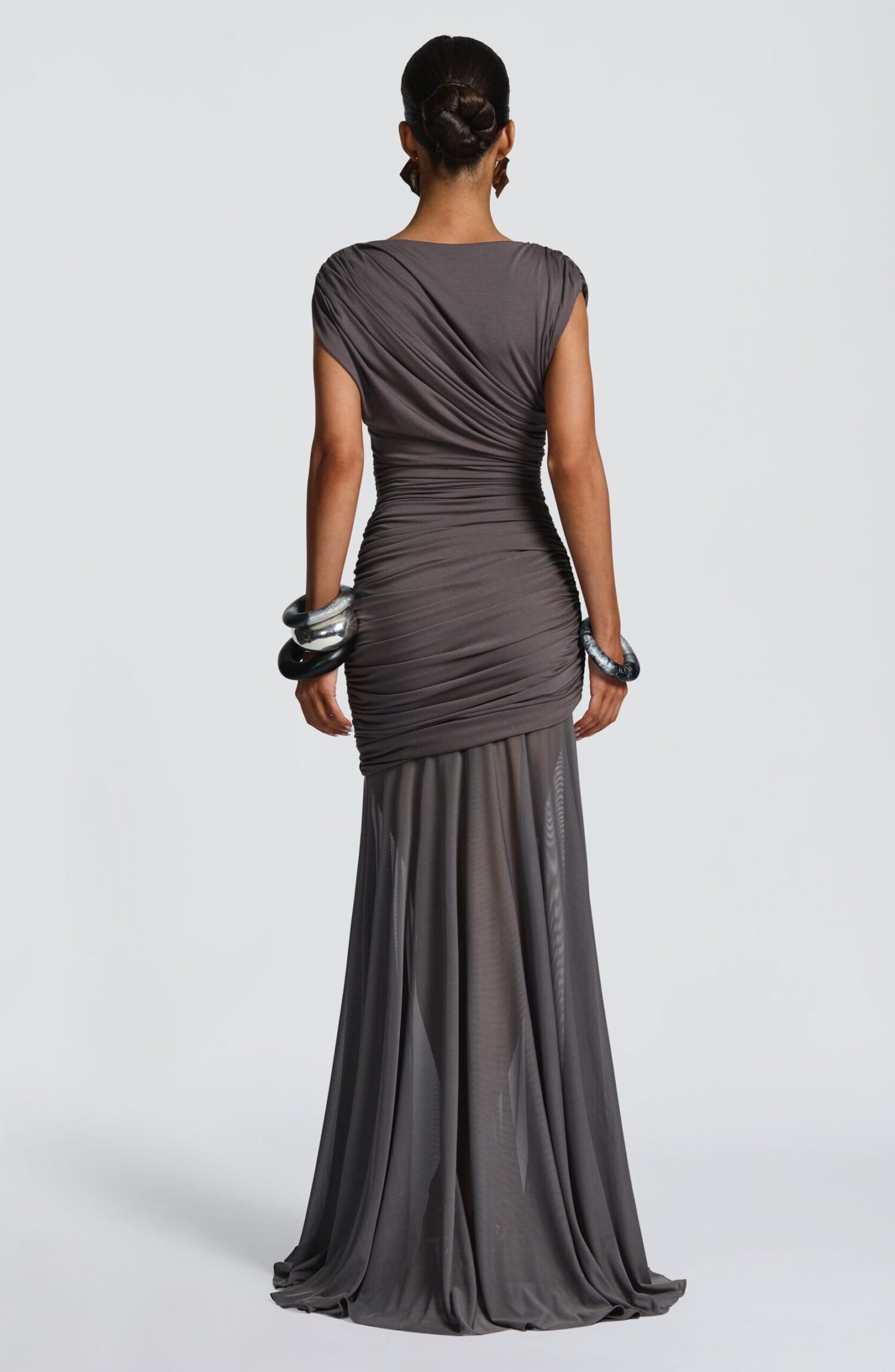 Demelza Charcoal Maxi Dress - Modal Jersey & Mesh Pleated Boat Neck - Image 3