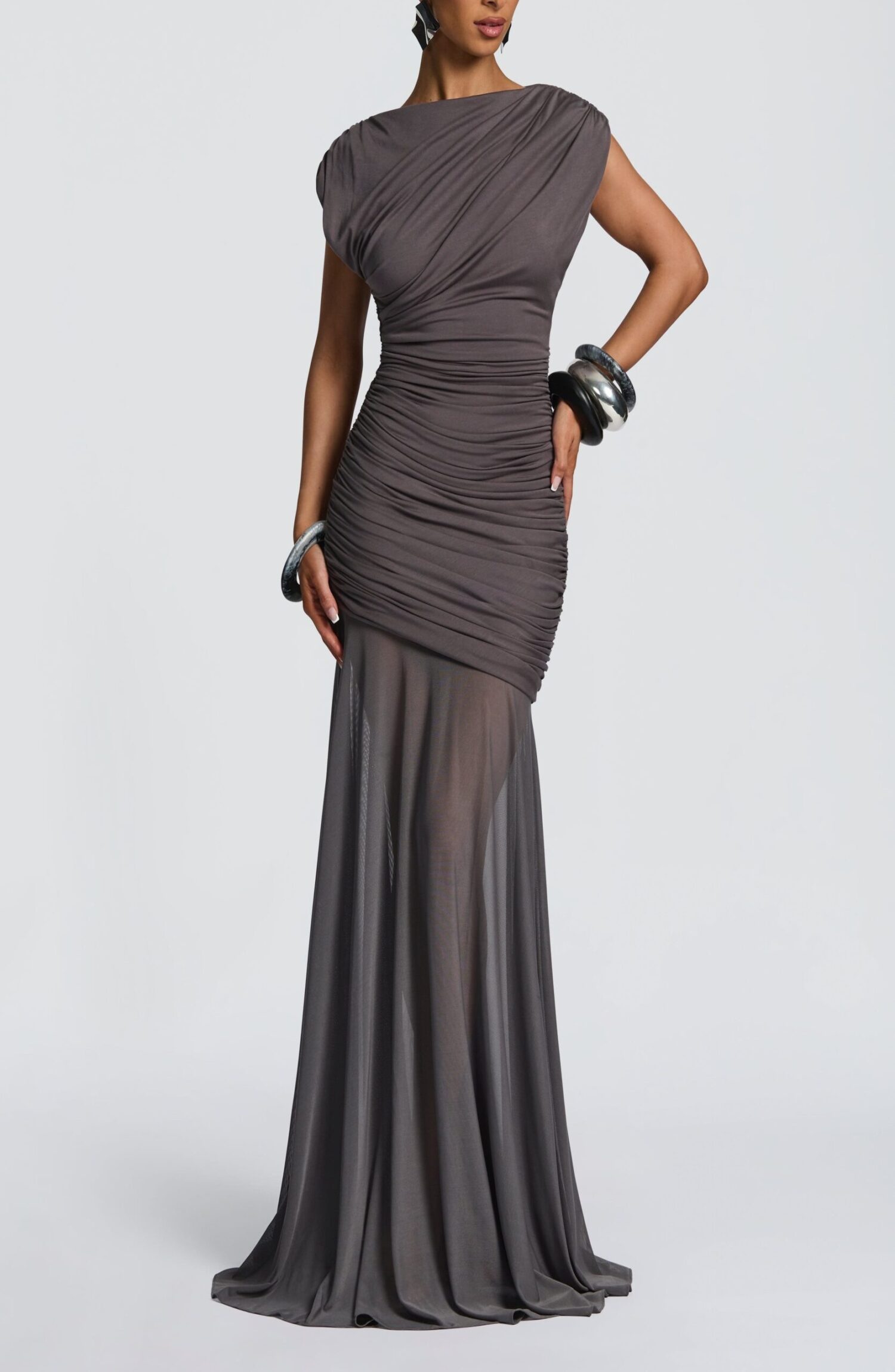 Demelza Charcoal Maxi Dress - Modal Jersey & Mesh Pleated Boat Neck - Image 10