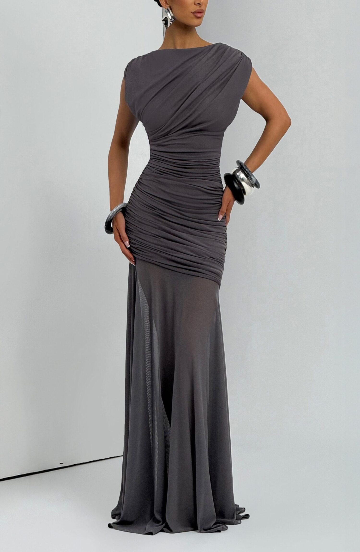 Demelza Charcoal Maxi Dress - Modal Jersey & Mesh Pleated Boat Neck - Image 8