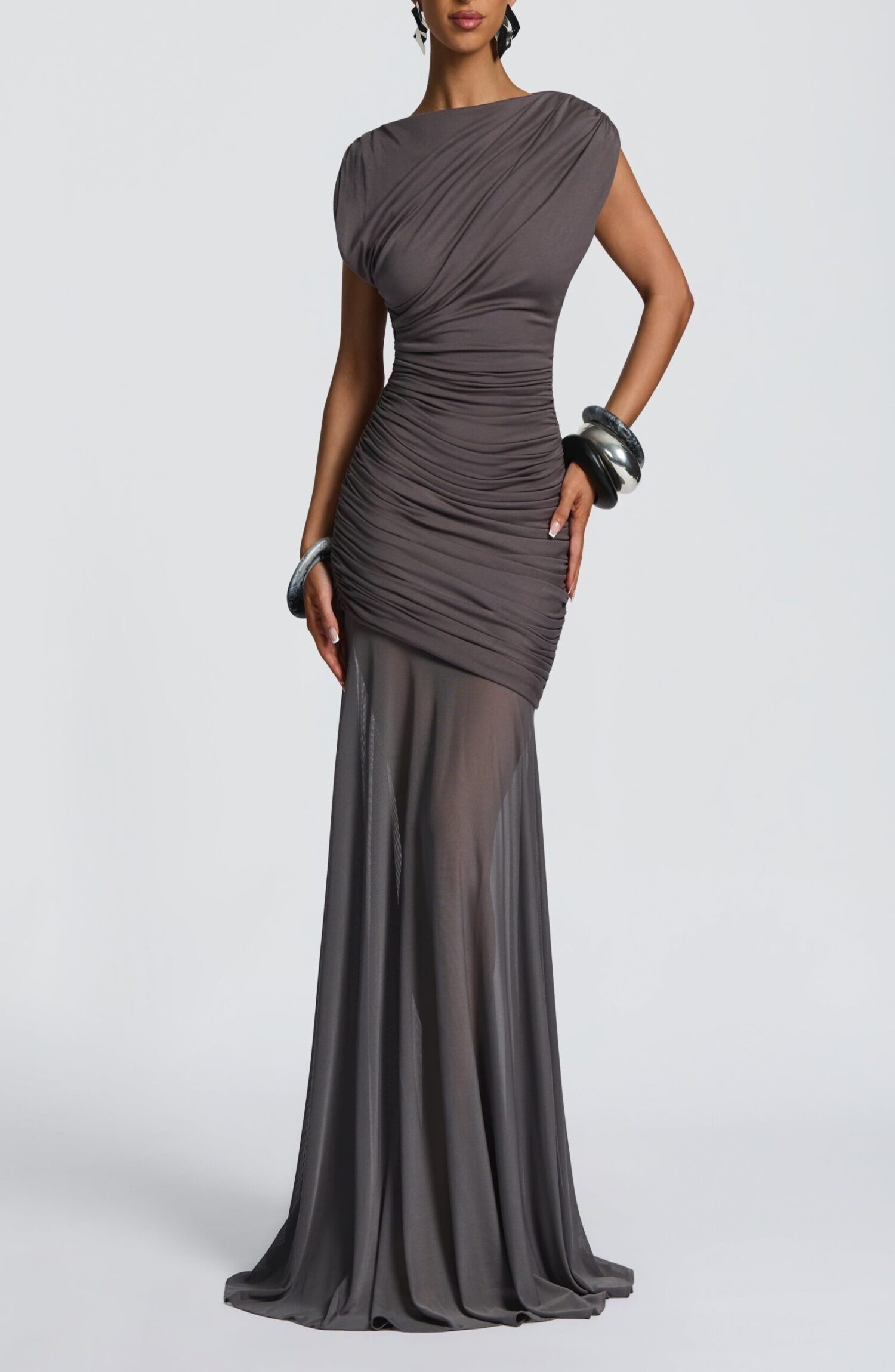 Demelza Charcoal Maxi Dress - Modal Jersey & Mesh Pleated Boat Neck - Image 9