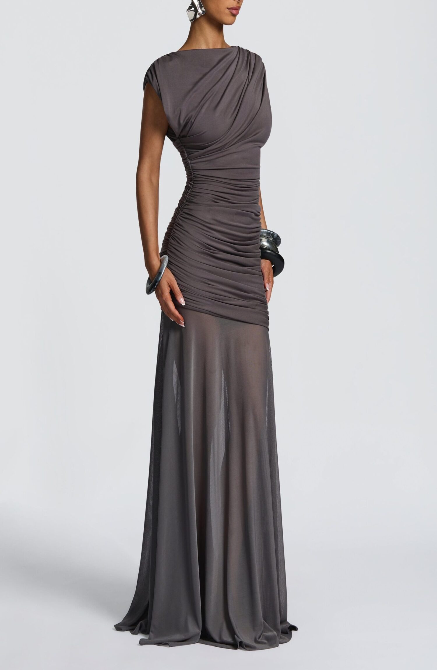 Demelza Charcoal Maxi Dress - Modal Jersey & Mesh Pleated Boat Neck - Image 2