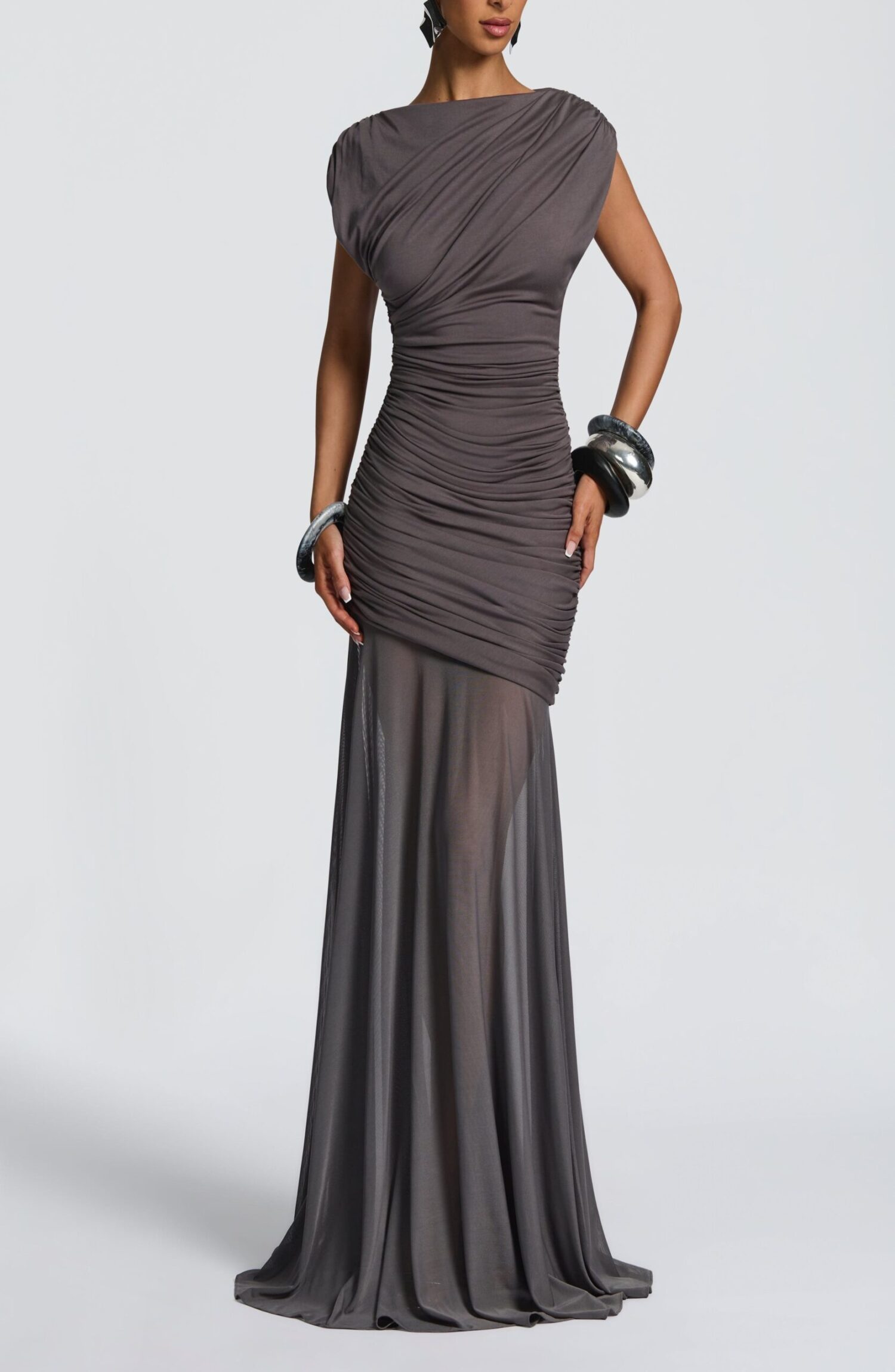 Demelza Charcoal Maxi Dress - Modal Jersey & Mesh Pleated Boat Neck