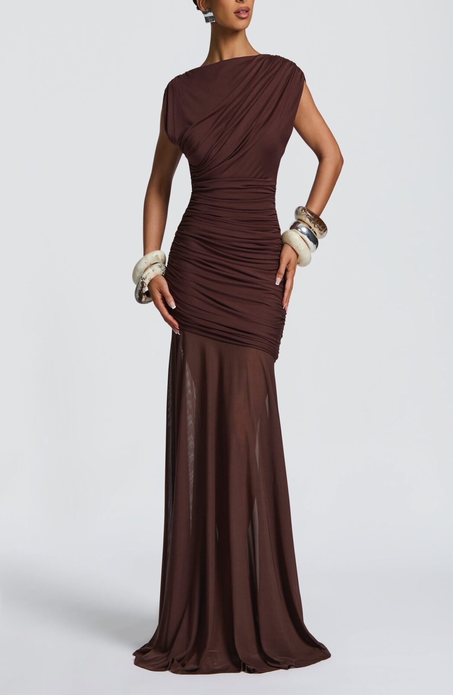 Demelza Plum Brown Maxi Dress - Elegant Boat Neck Ruched Mesh - Image 9