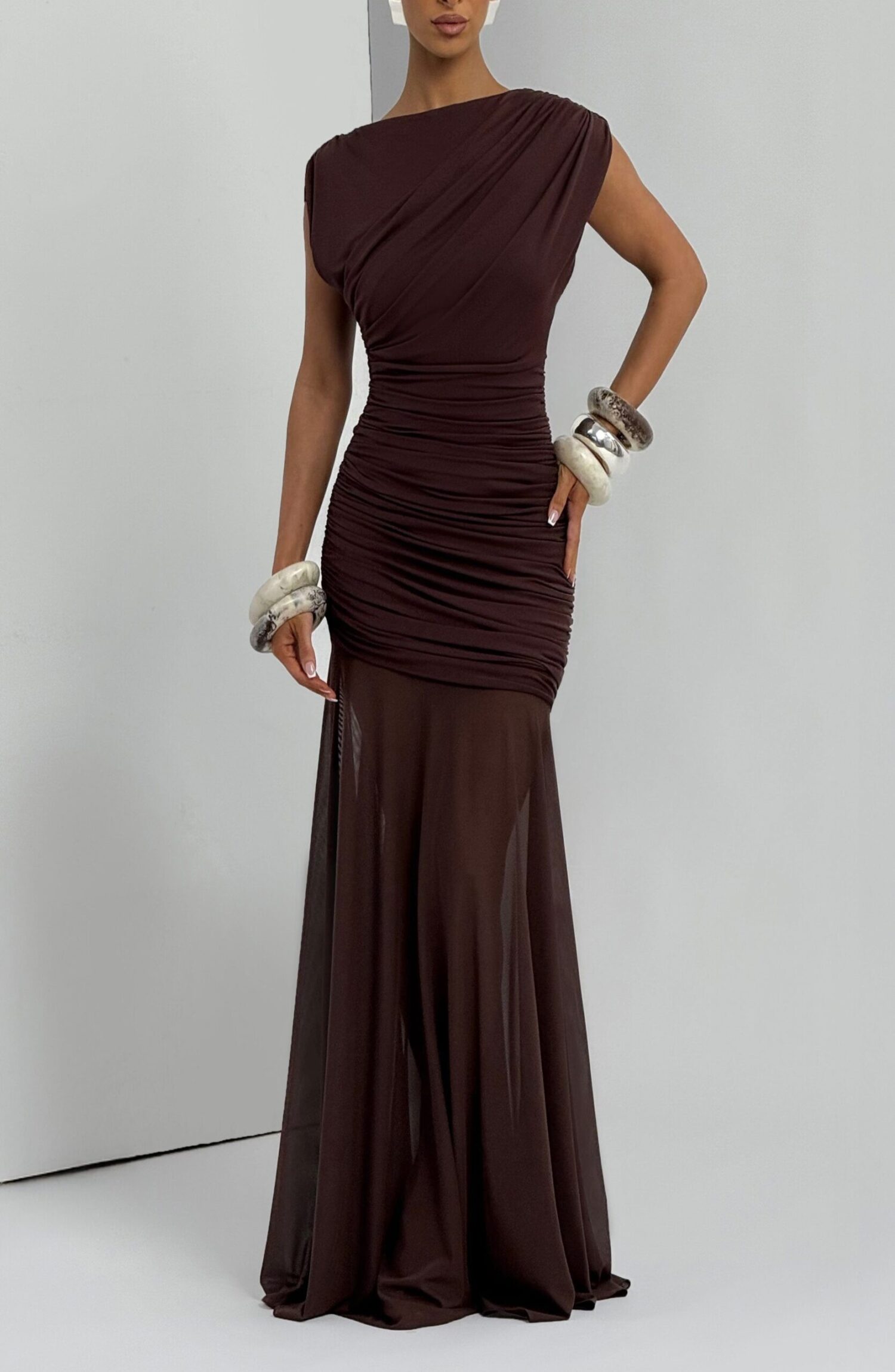 Demelza Plum Brown Maxi Dress - Elegant Boat Neck Ruched Mesh - Image 5