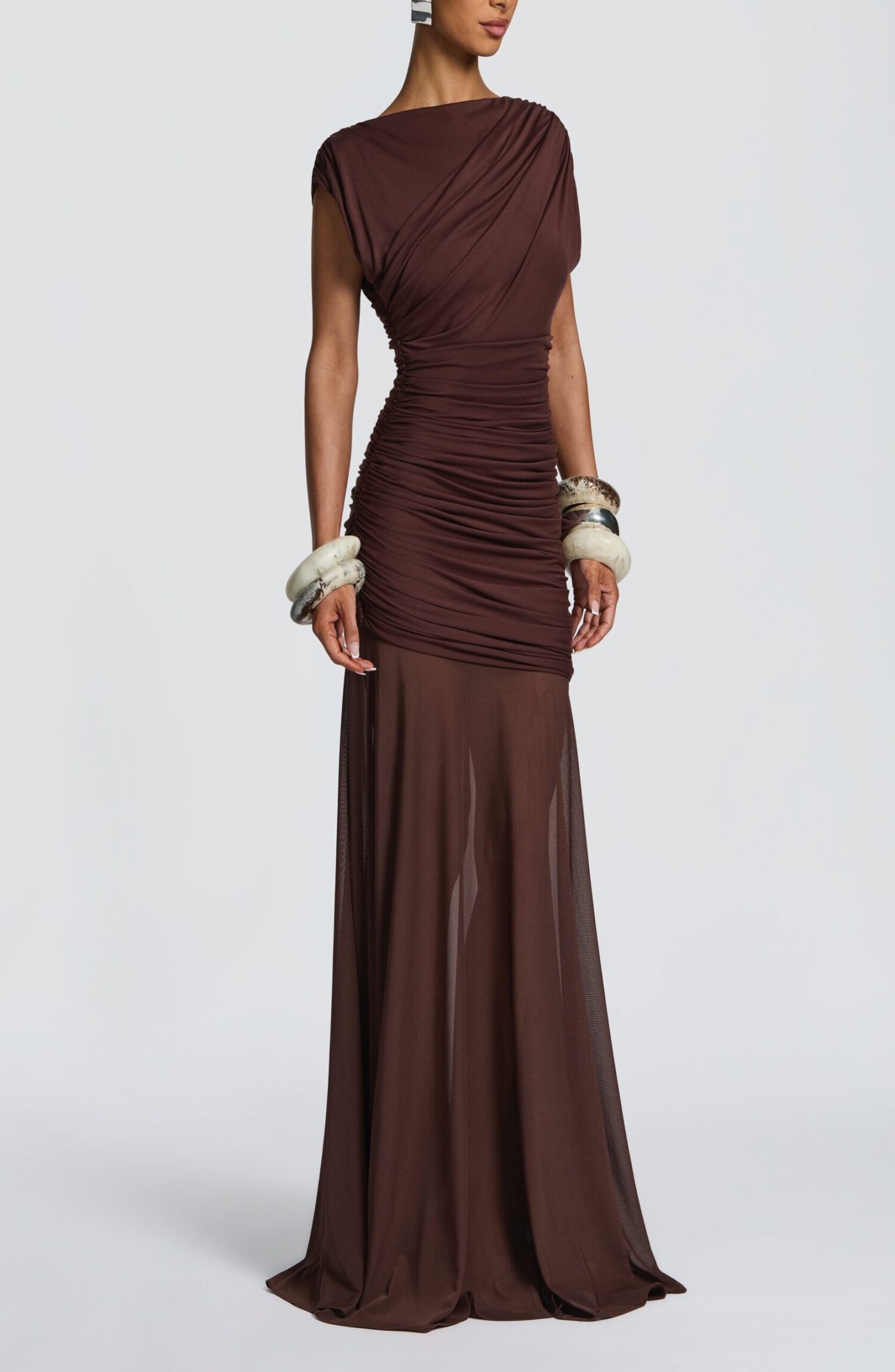 Demelza Plum Brown Maxi Dress - Elegant Boat Neck Ruched Mesh - Image 3
