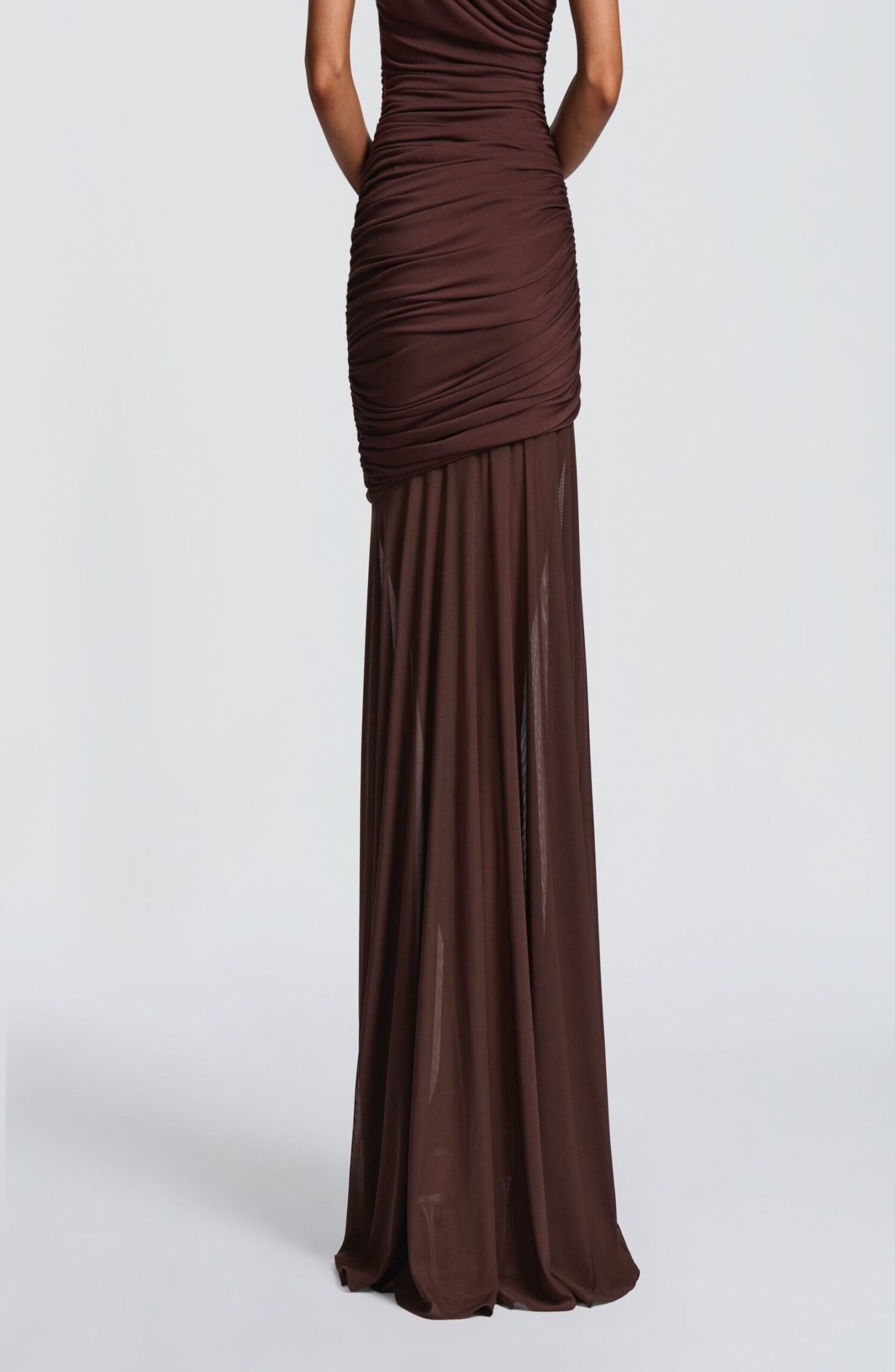 Demelza Plum Brown Maxi Dress - Elegant Boat Neck Ruched Mesh - Image 4
