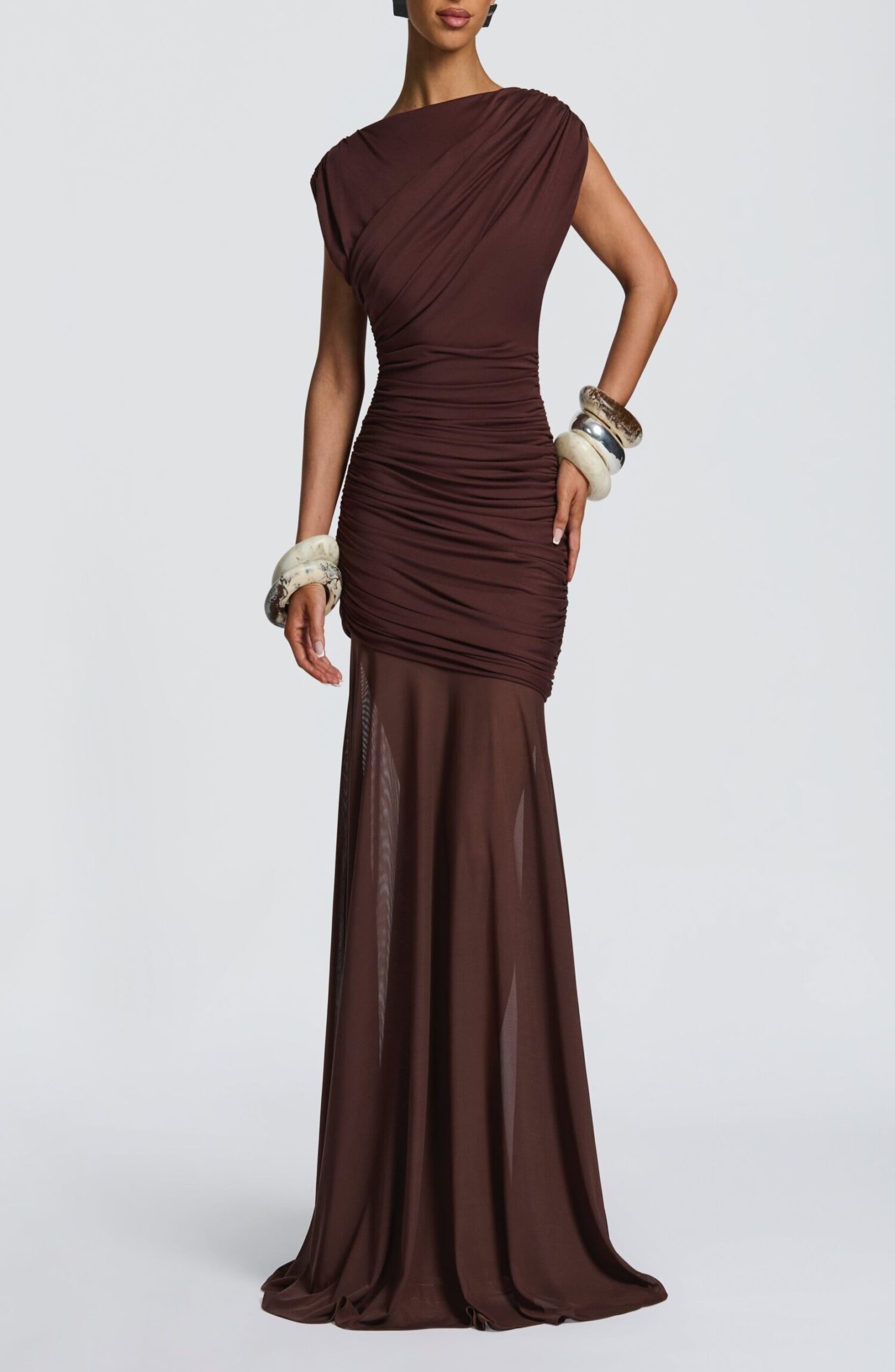 Demelza Plum Brown Maxi Dress - Elegant Boat Neck Ruched Mesh - Image 6