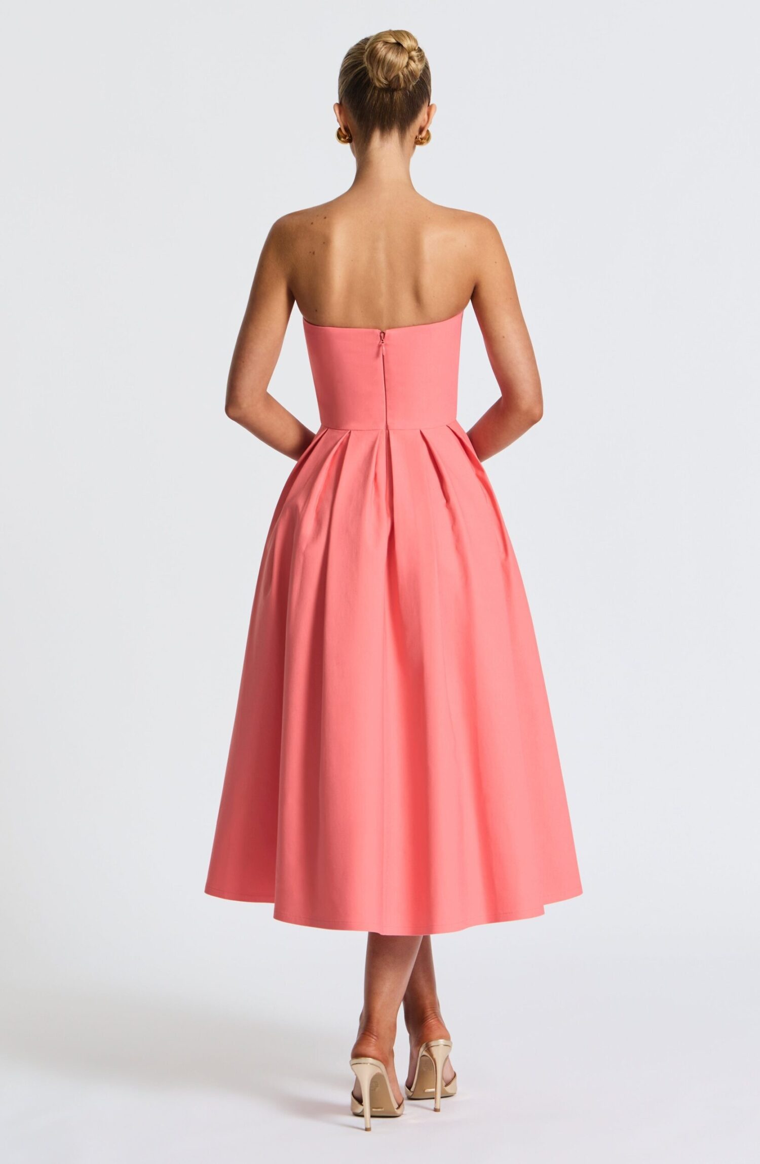 Edith Midi Dress Coral Pink Strapless Stretch Bengaline Boned Bodice - Image 5