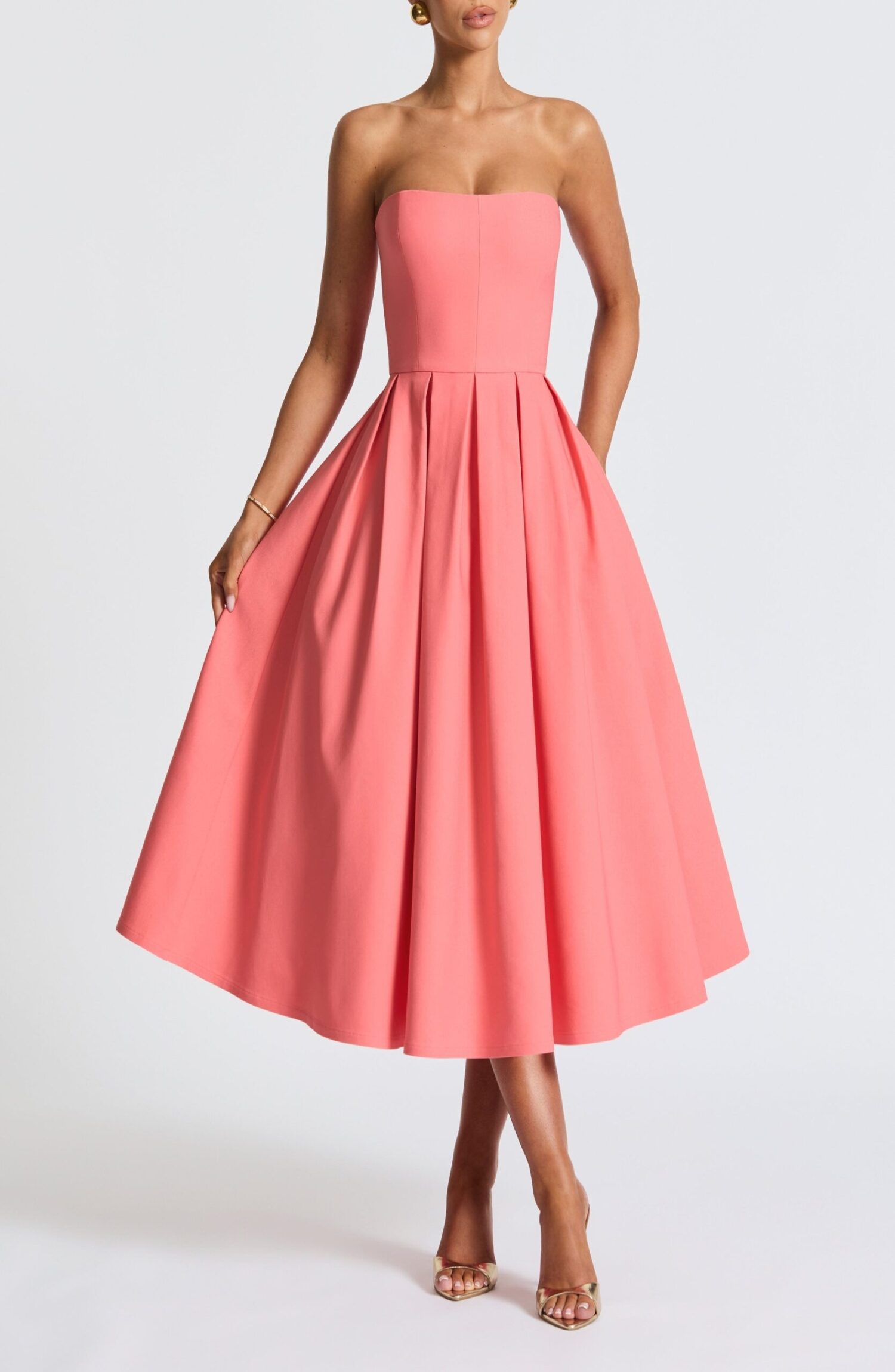 Edith Midi Dress Coral Pink Strapless Stretch Bengaline Boned Bodice