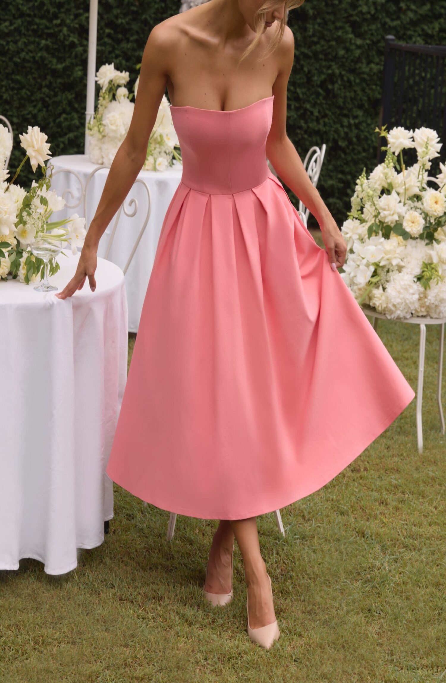 Edith Midi Dress Coral Pink Strapless Stretch Bengaline Boned Bodice - Image 2
