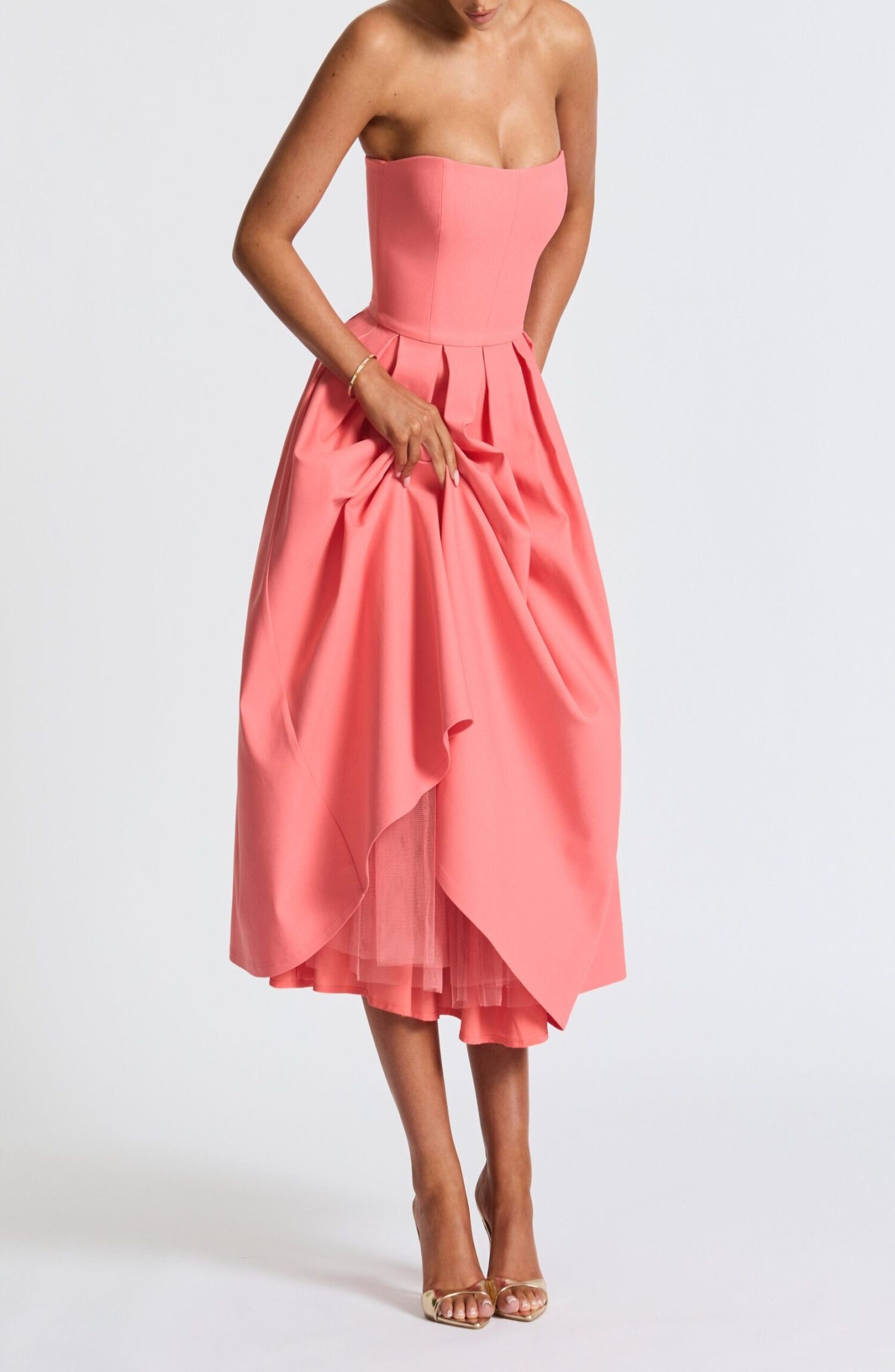 Edith Midi Dress Coral Pink Strapless Stretch Bengaline Boned Bodice - Image 4
