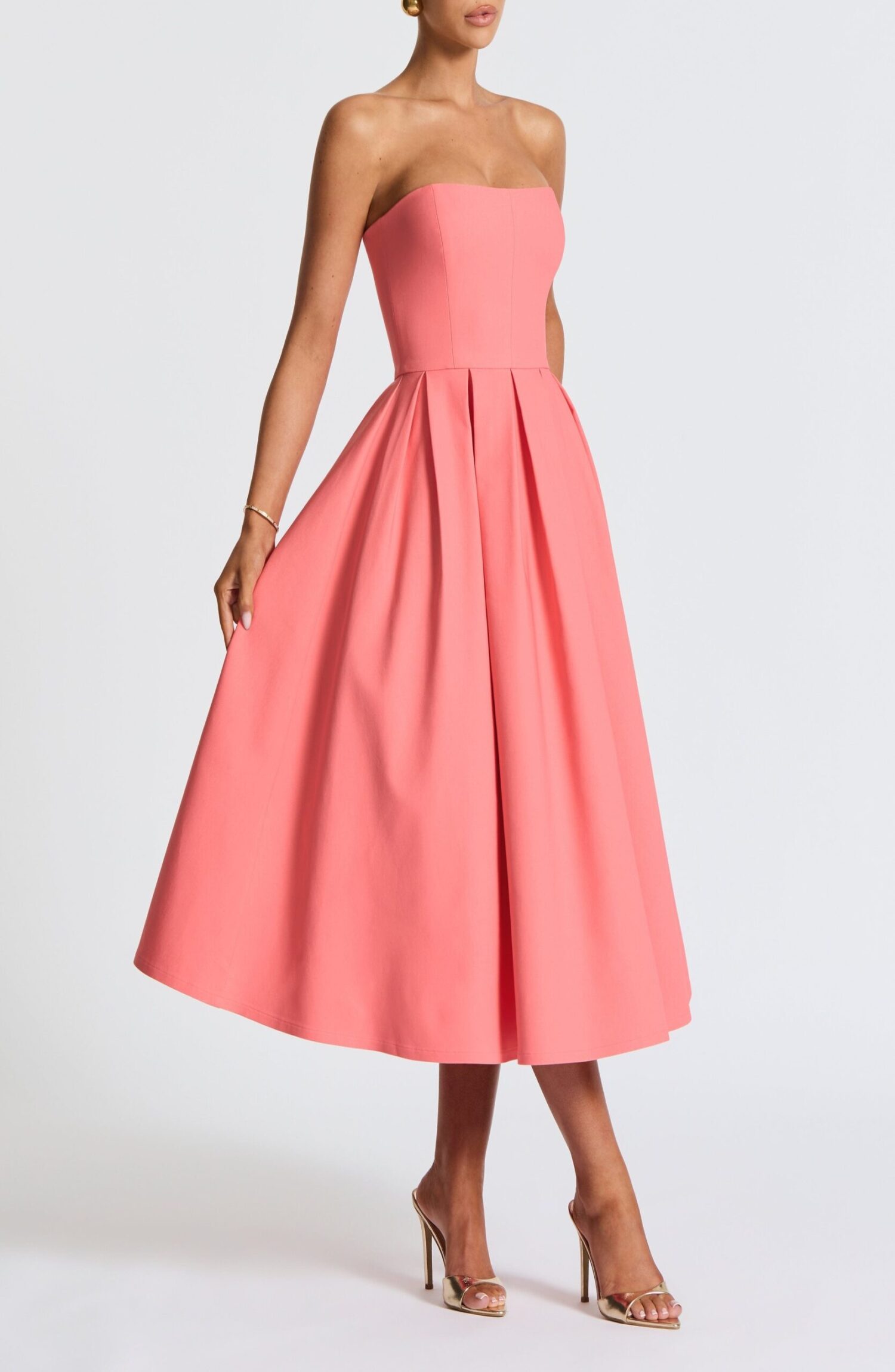 Edith Midi Dress Coral Pink Strapless Stretch Bengaline Boned Bodice - Image 3