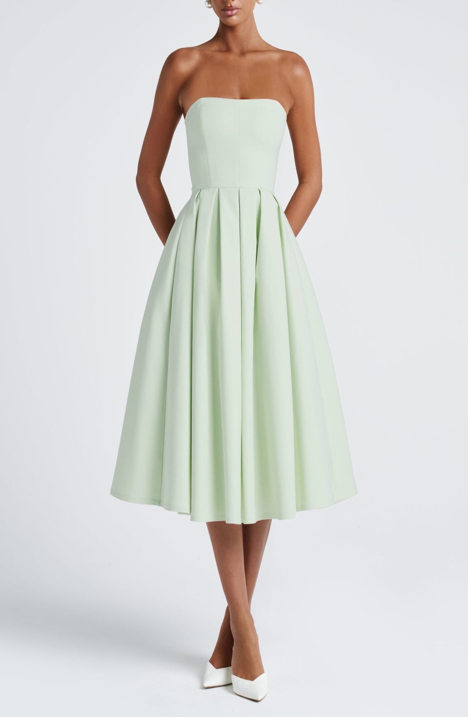 Edith Mint Strapless Midi Dress with Pleated Full Skirt - Image 8