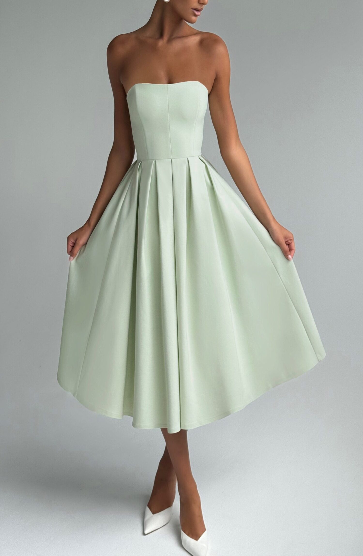 Edith Mint Strapless Midi Dress with Pleated Full Skirt