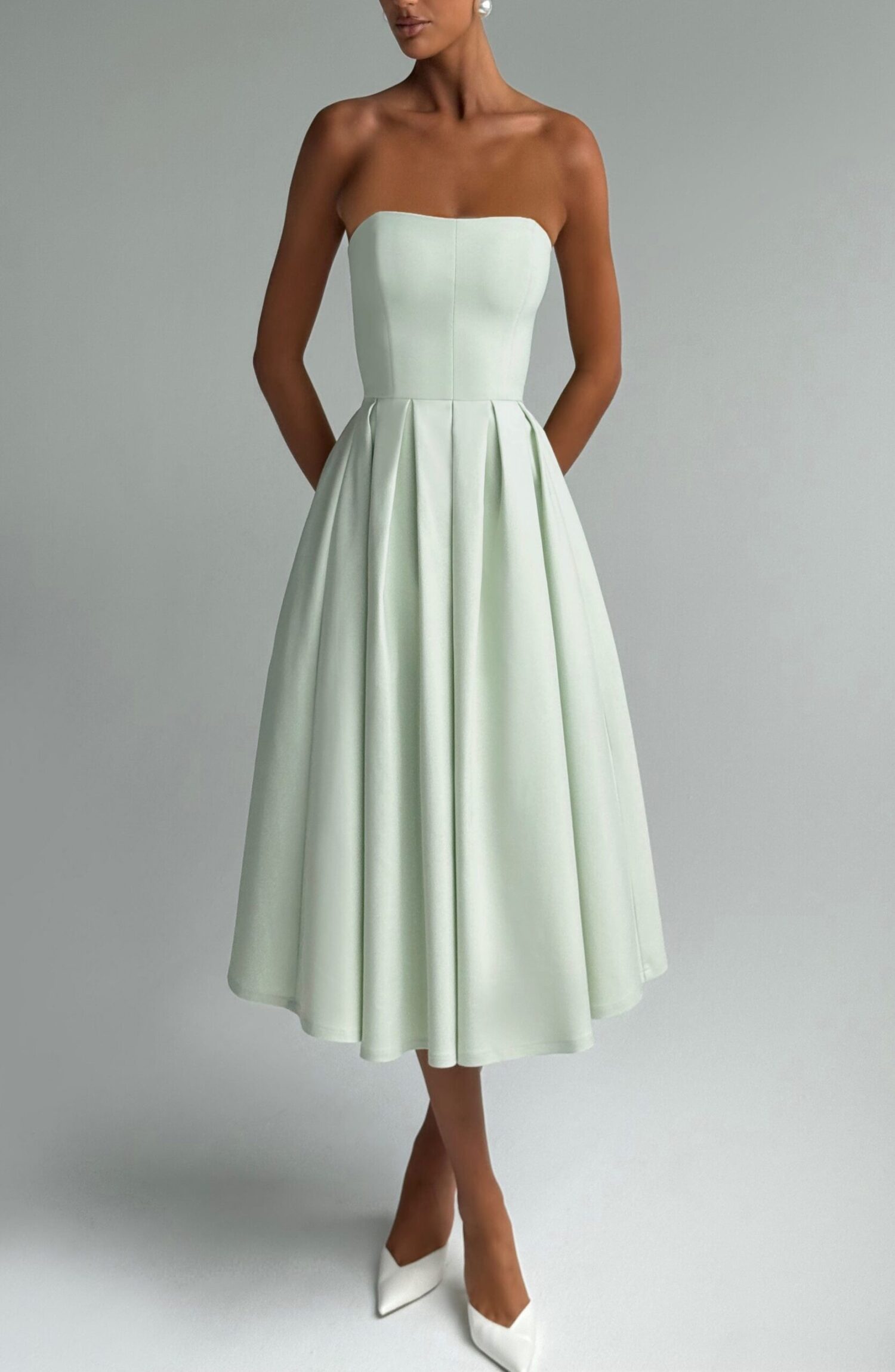 Edith Mint Strapless Midi Dress with Pleated Full Skirt - Image 2