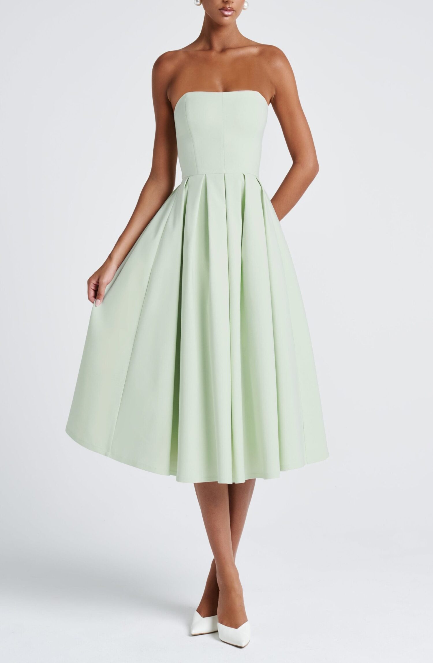 Edith Mint Strapless Midi Dress with Pleated Full Skirt - Image 7
