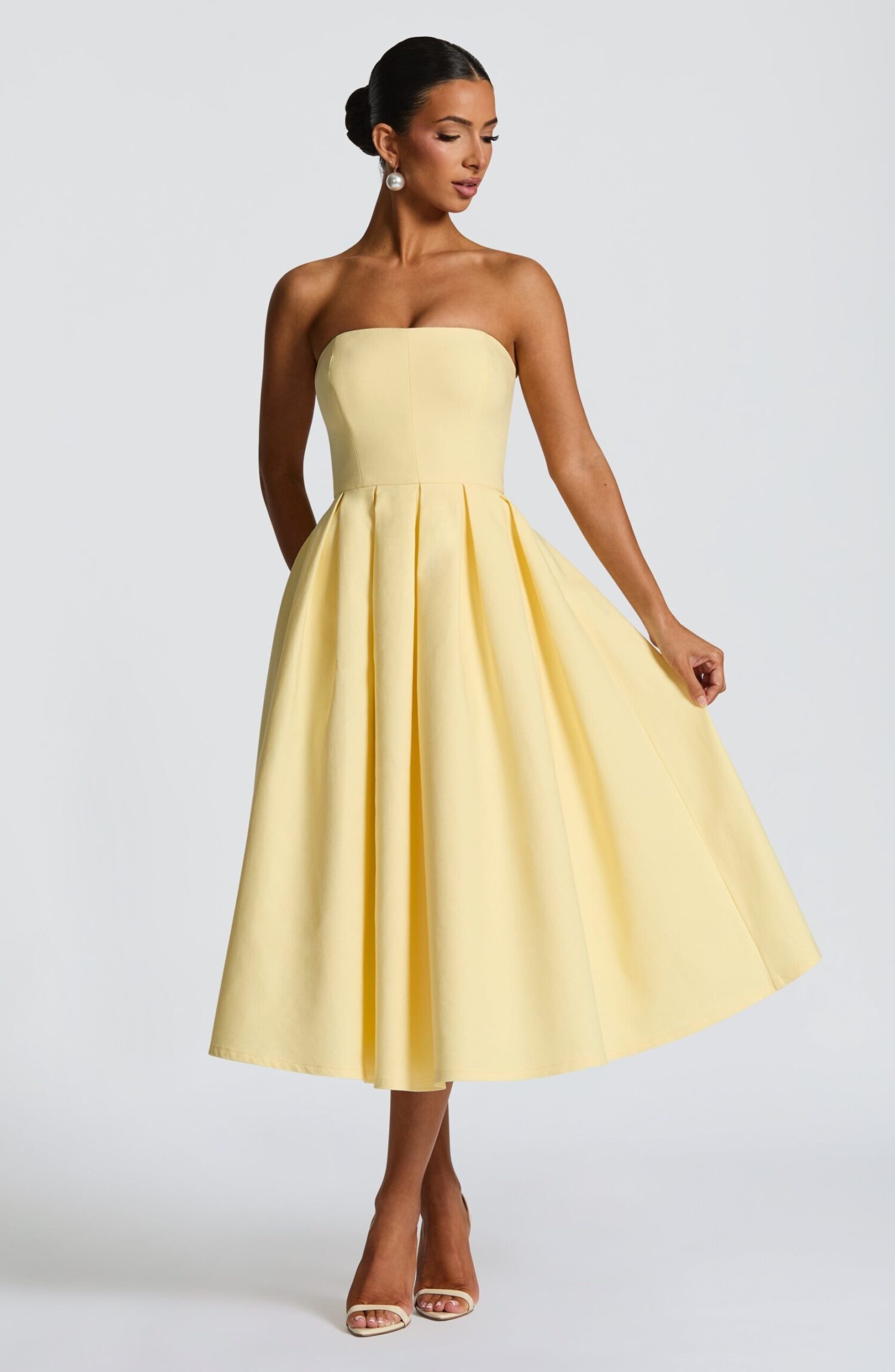 Edith Strapless Lemon Midi Dress - Stretch Bengaline Boned Bodice
