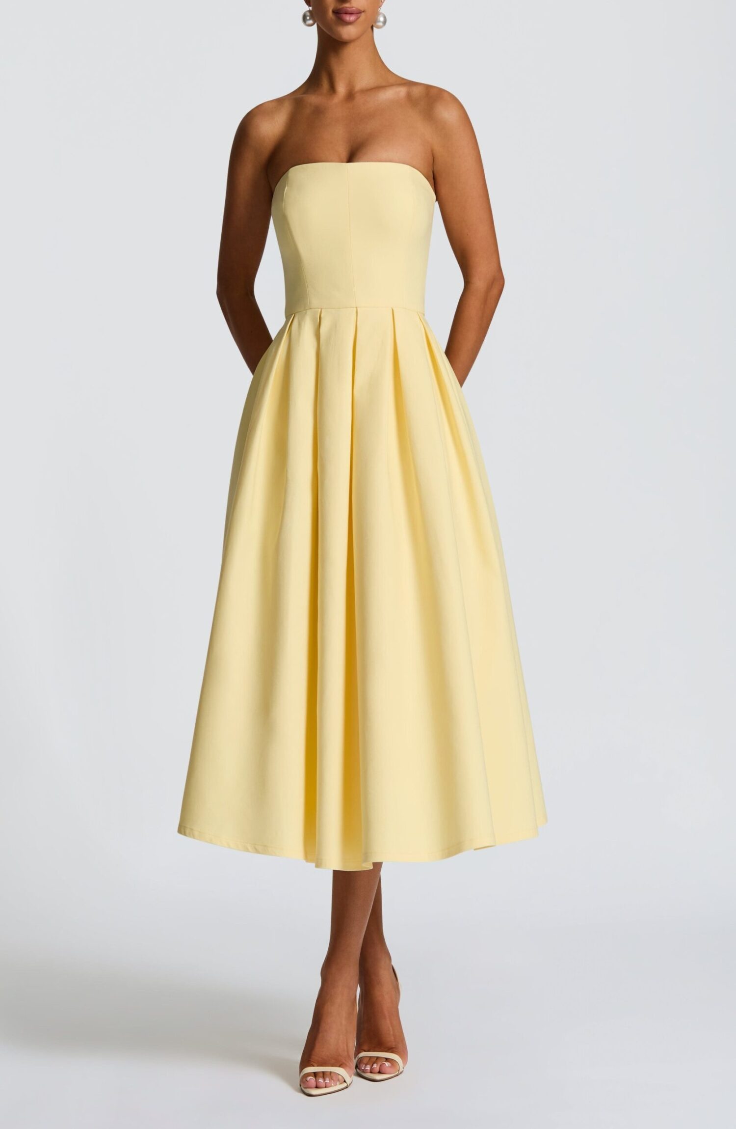 Edith Strapless Lemon Midi Dress - Stretch Bengaline Boned Bodice - Image 5