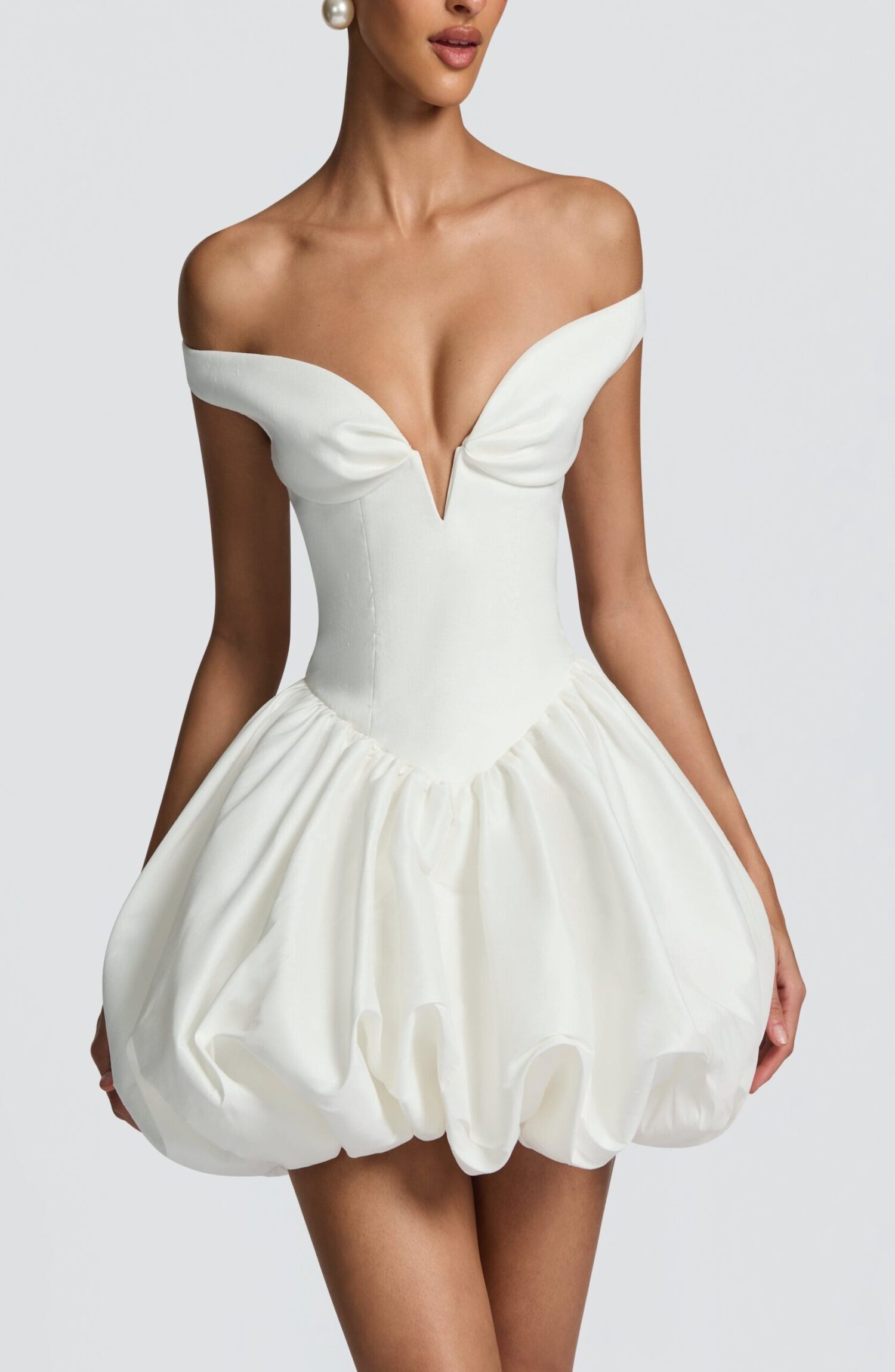 Eileen Ivory Textured Taffeta Puffball Mini Dress Bardot Straps - Image 12