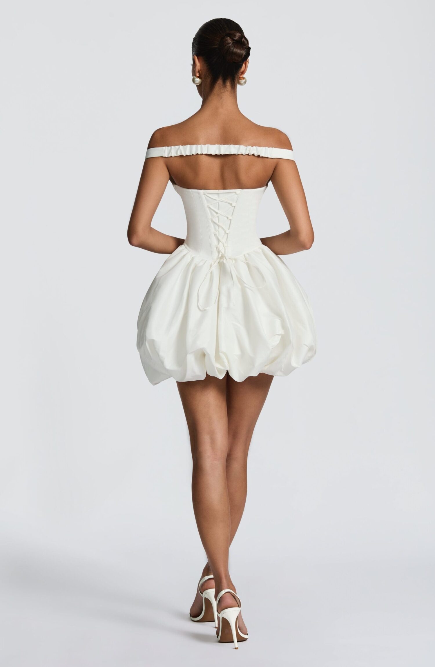 Eileen Ivory Textured Taffeta Puffball Mini Dress Bardot Straps - Image 7